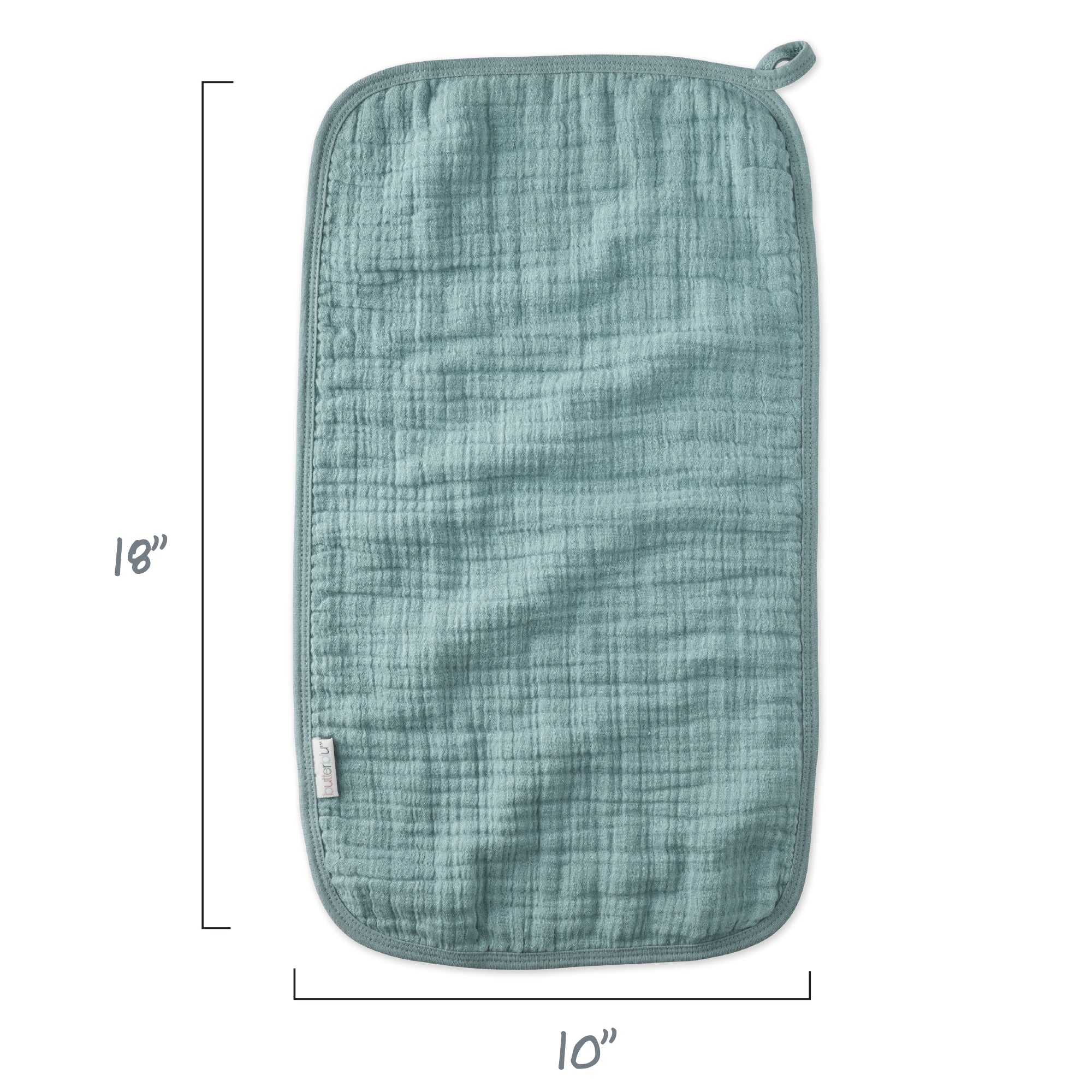 Textured teal pot holder with dimensions on a white background