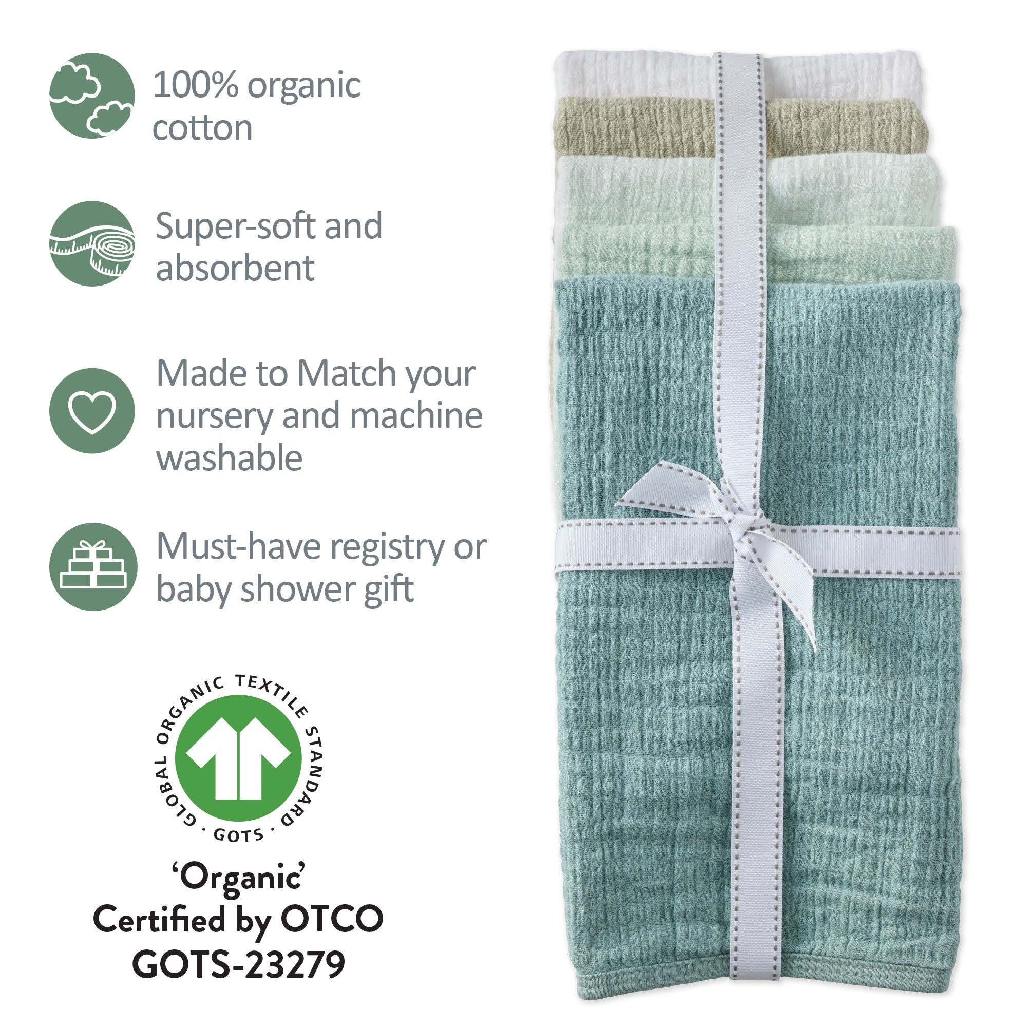 Packaged green baby cloth with certification details on a white background