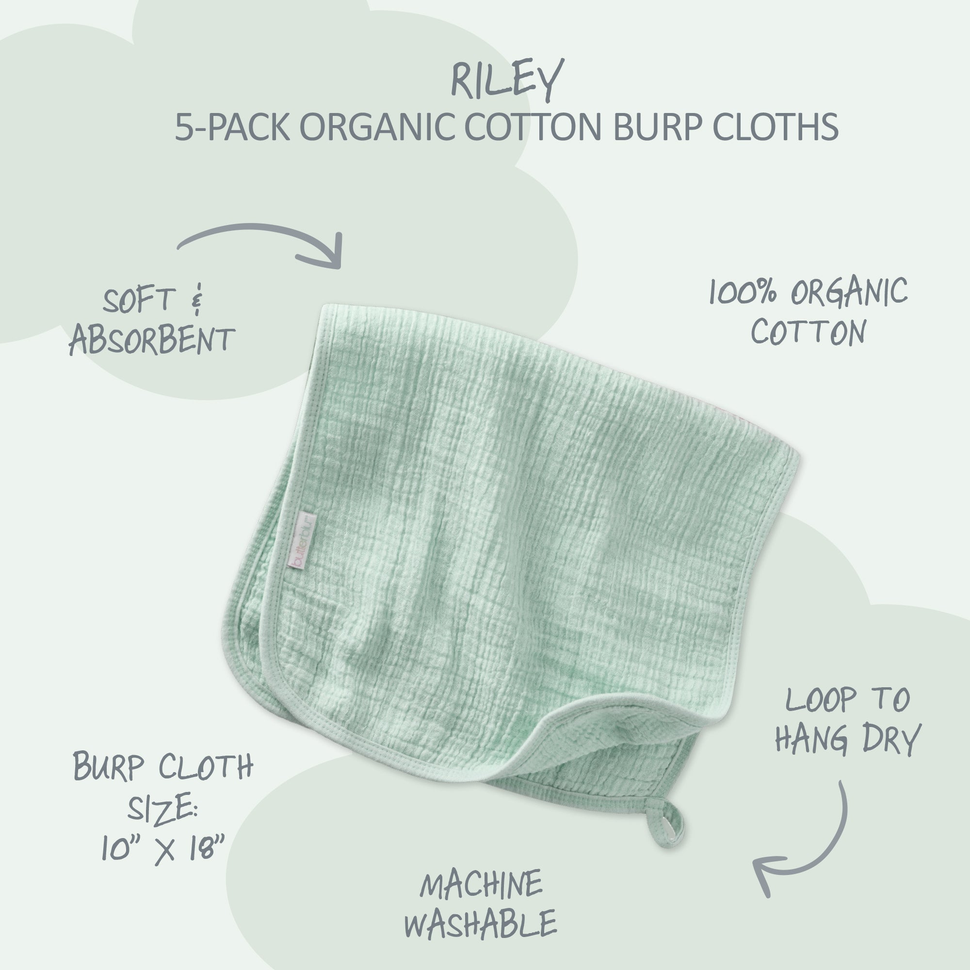 Green organic cotton burp cloth with product details on a white background