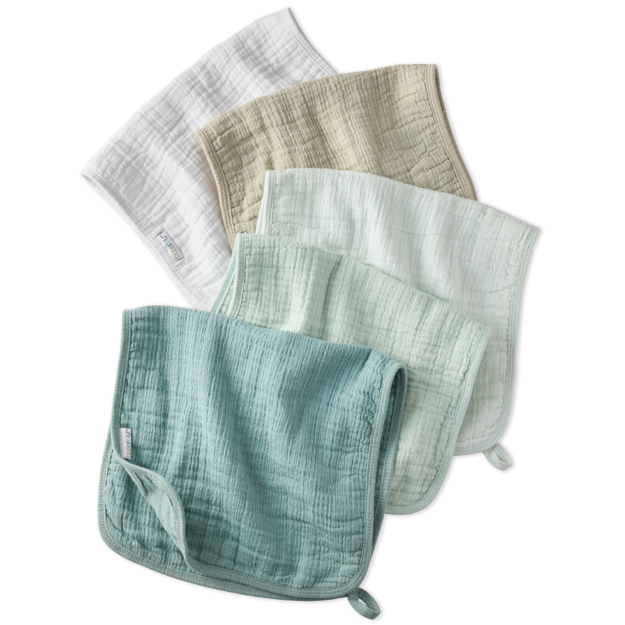 Set of five textured fabric swaddles in various colors on a white background
