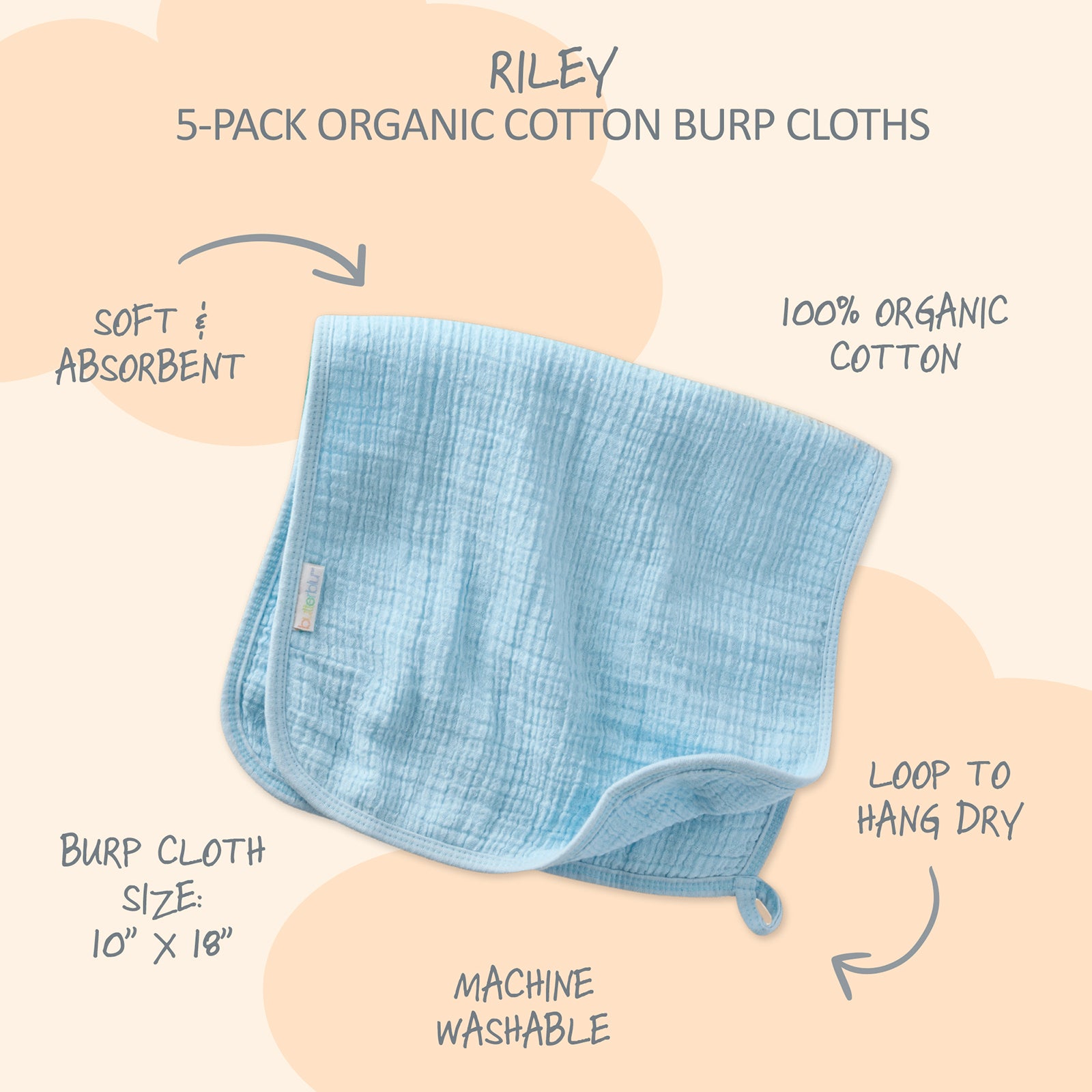 Blue organic cotton burp cloth with product details on a beige background