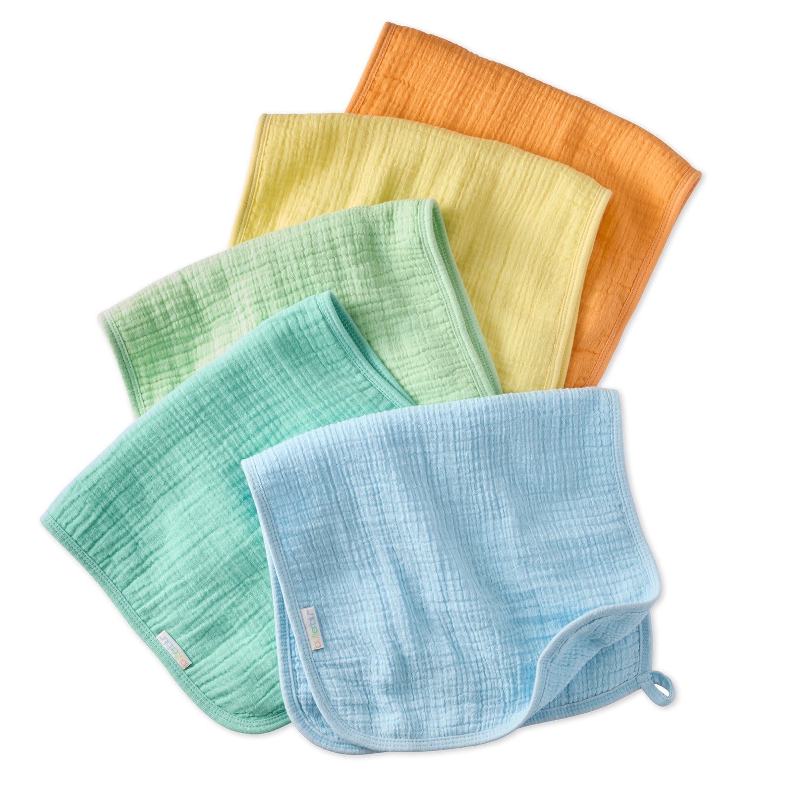 Set of five colorful baby burp cloths on a white background