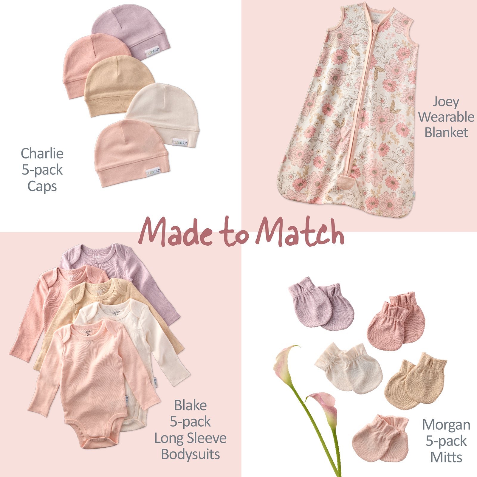 Collection of baby clothing and accessories including caps, bodysuits, and mittens on a pink background.