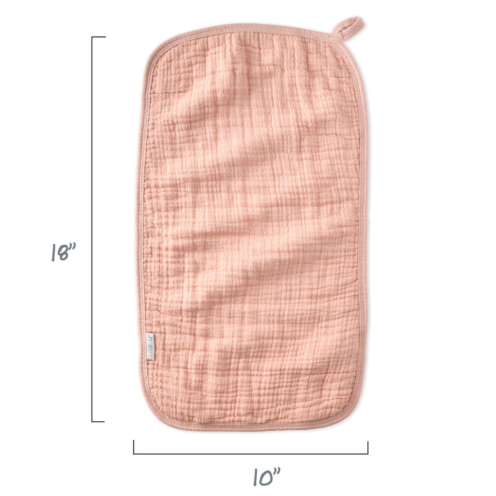 Pink textured pot holder with dimensions on a white background