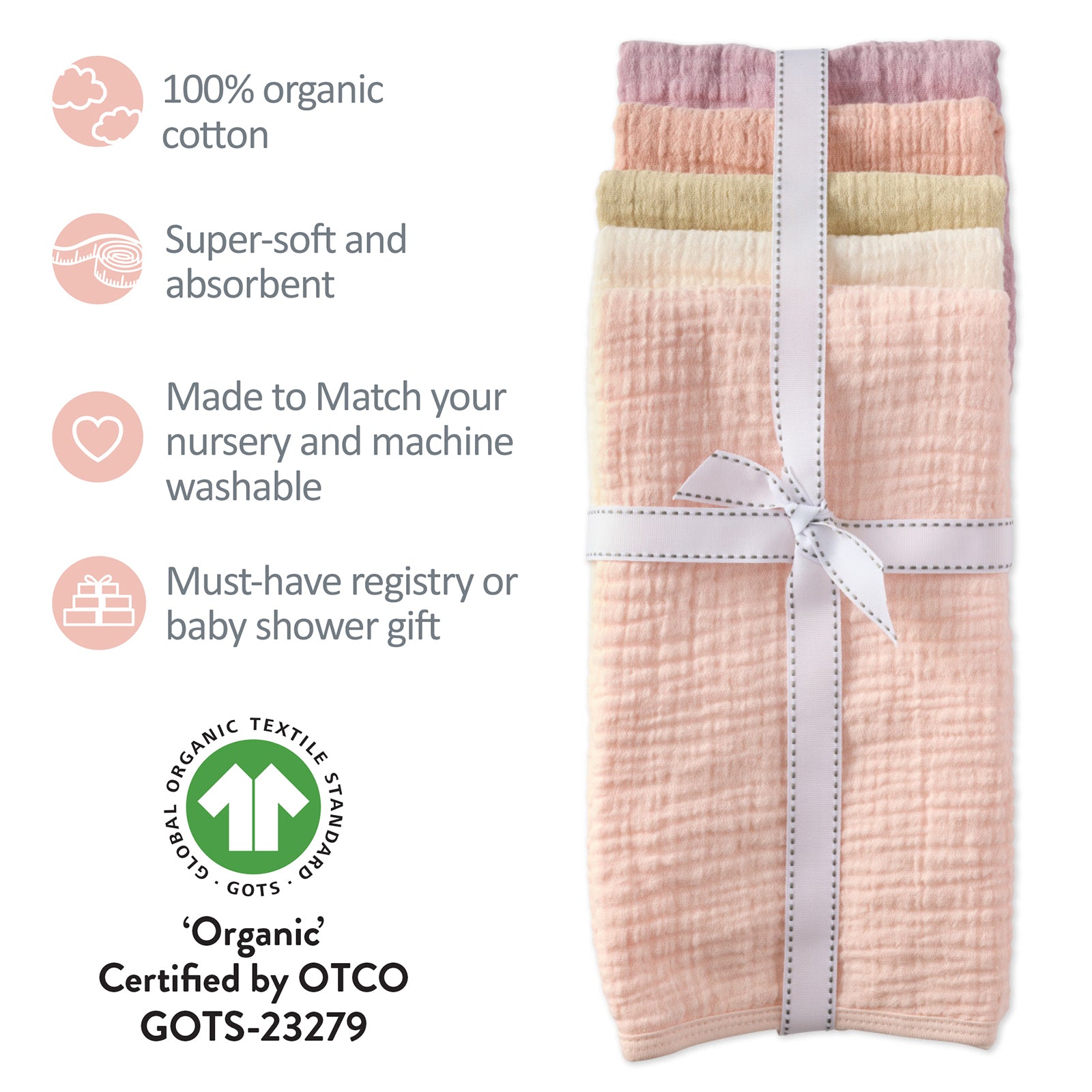 Pack of colorful baby blankets with GOTS certification label on a white background