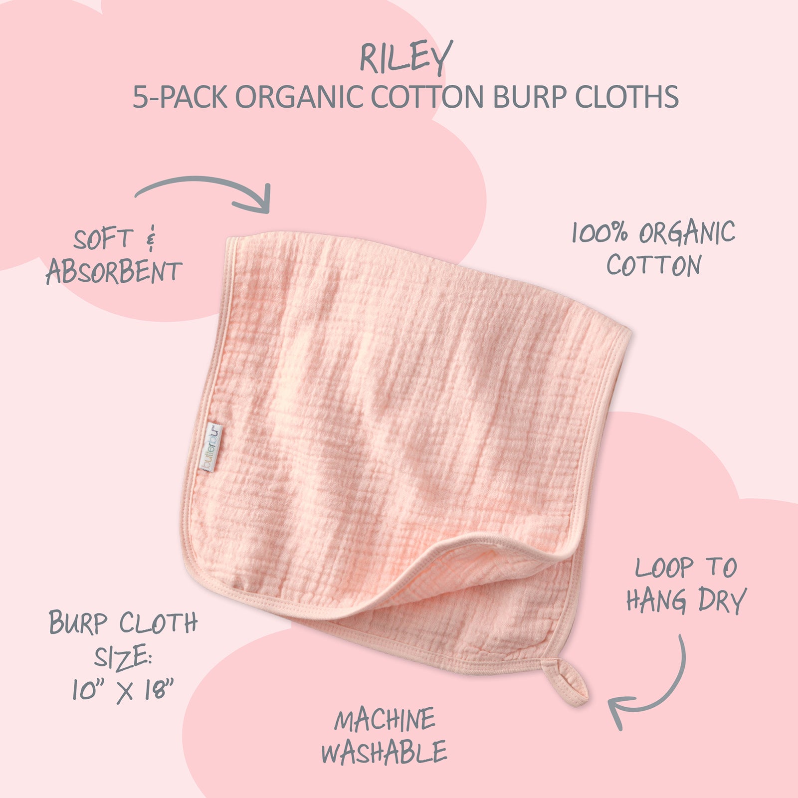 Riley 5-pack organic cotton burp cloths on a pink background with text describing features.