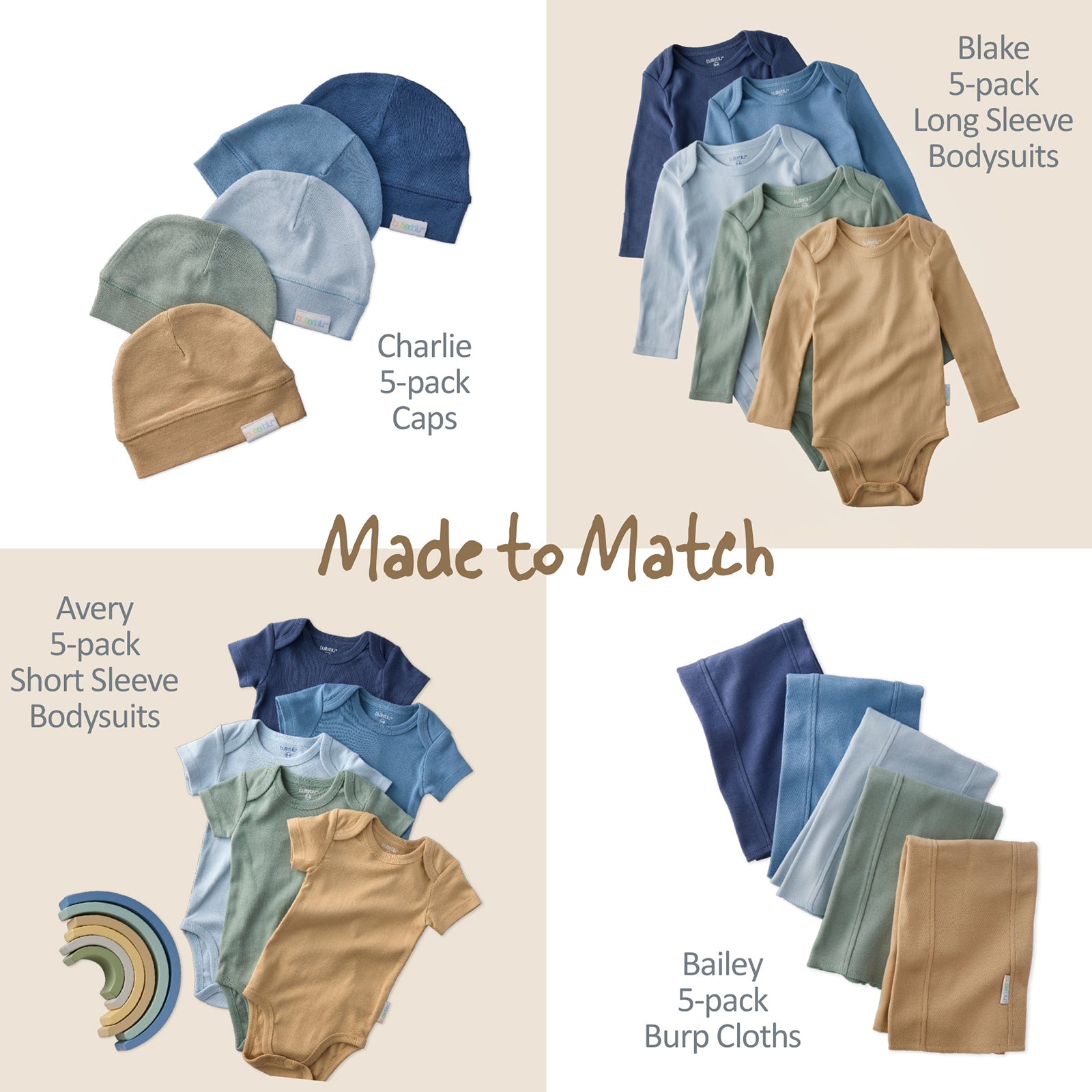 Baby clothing set with caps, bodysuits, and burp cloths in various colors on a beige background.
