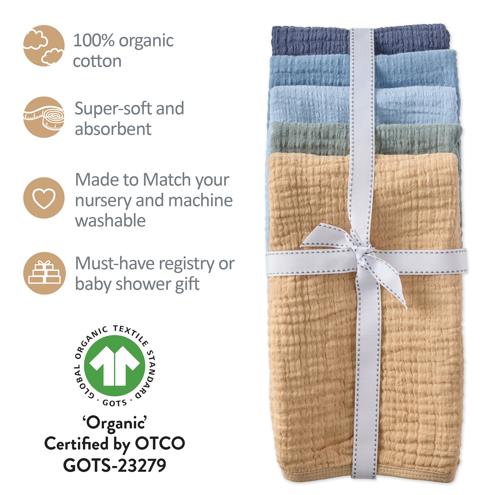 Set of folded organic cotton baby blankets with GOTS certification label on a white background