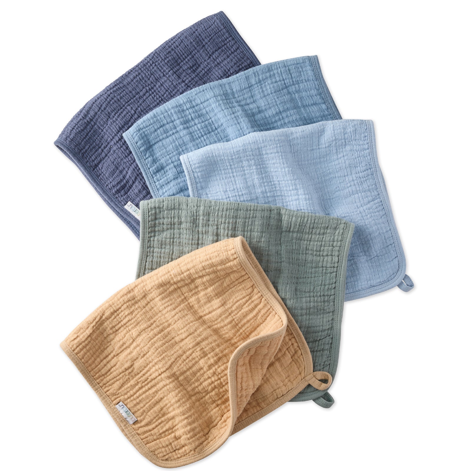 Set of five burp cloths in blue, beige, and green on a white background