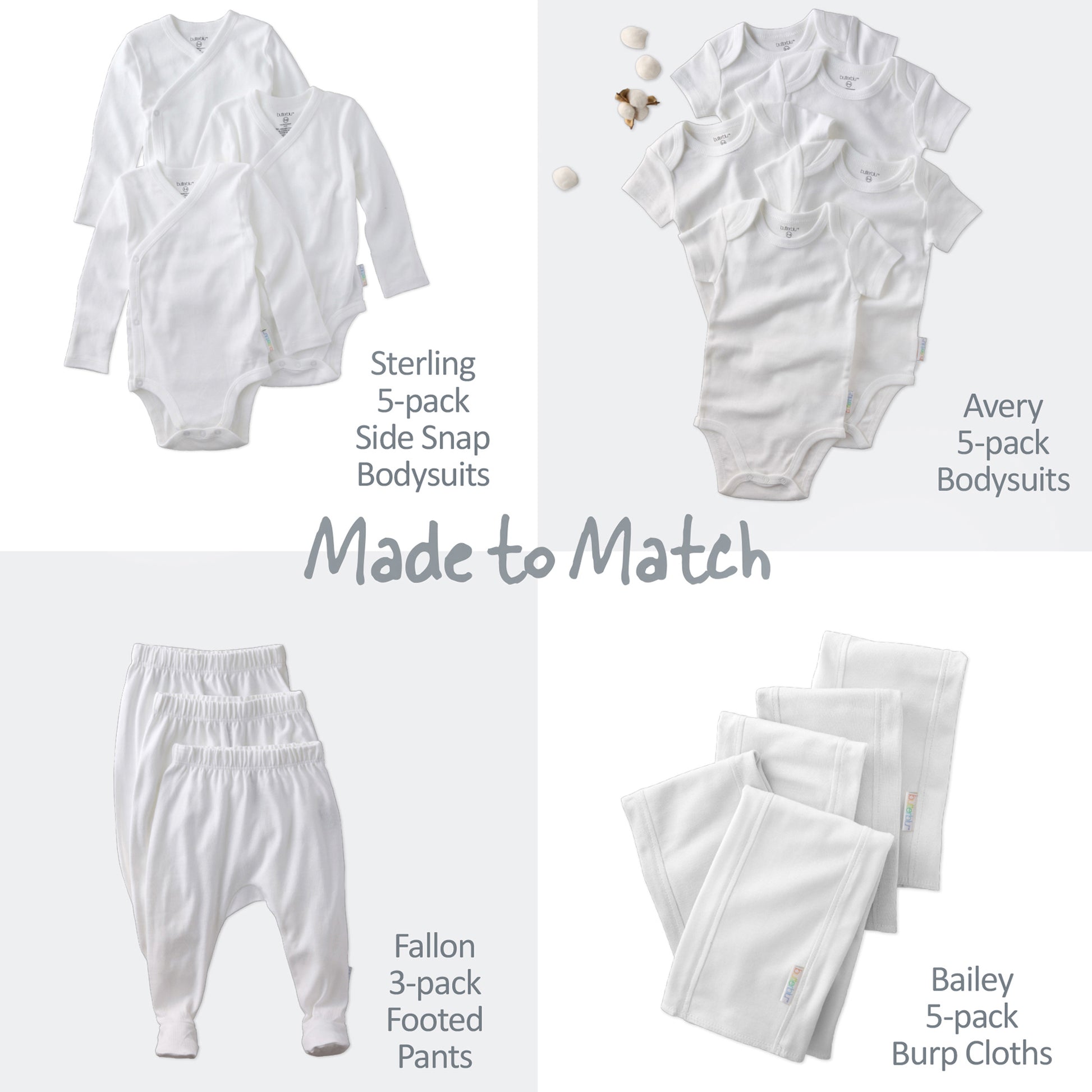 Collection of baby clothing including bodysuits, footed pants, and burp cloths with brand names on a white background.