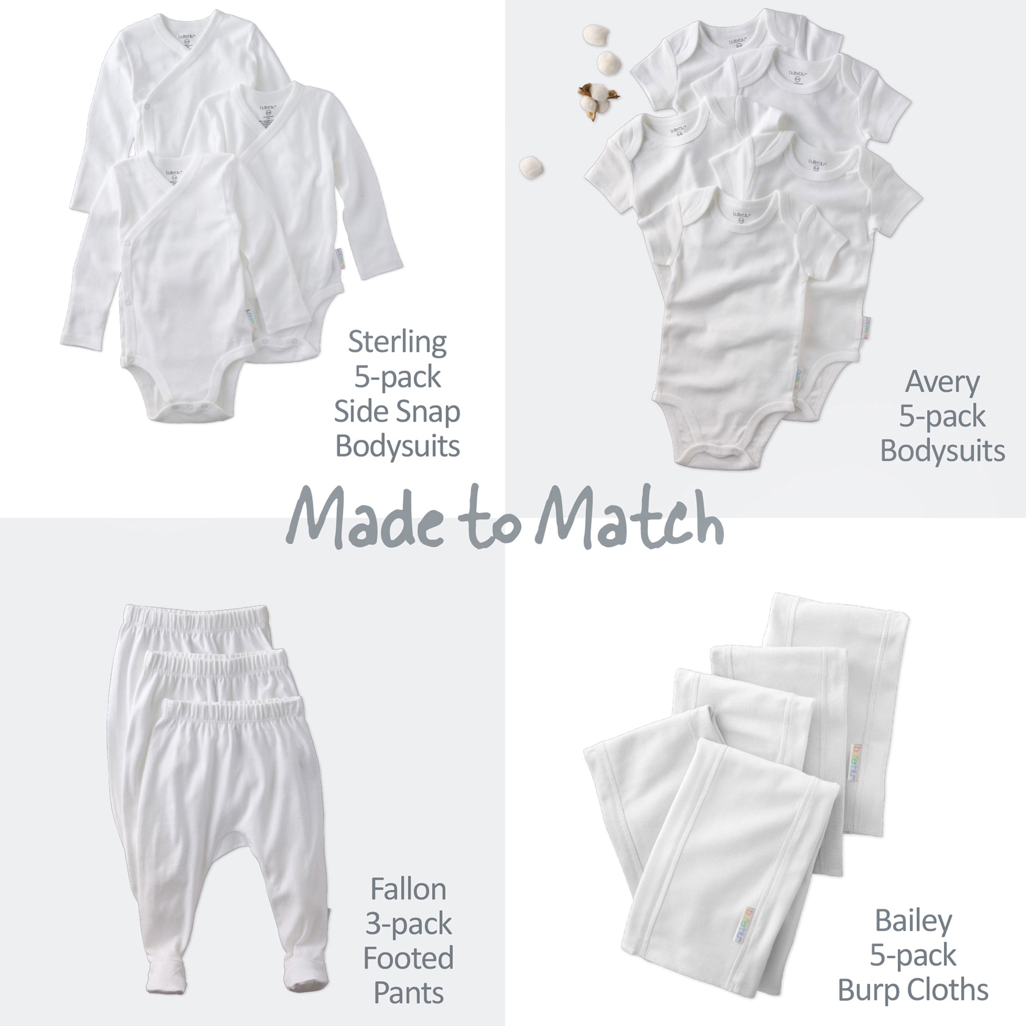 Collection of baby clothing including bodysuits, footed pants, and burp cloths with brand names on a white background.