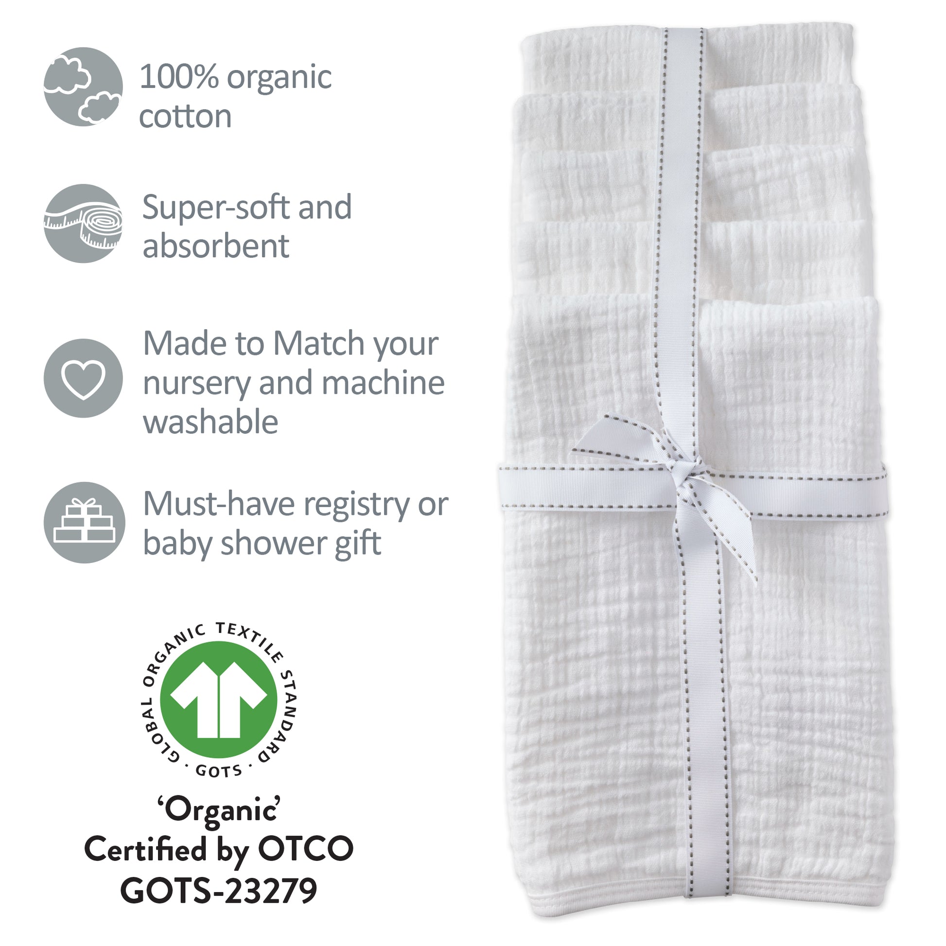 White muslin cloth with certification details on a white background