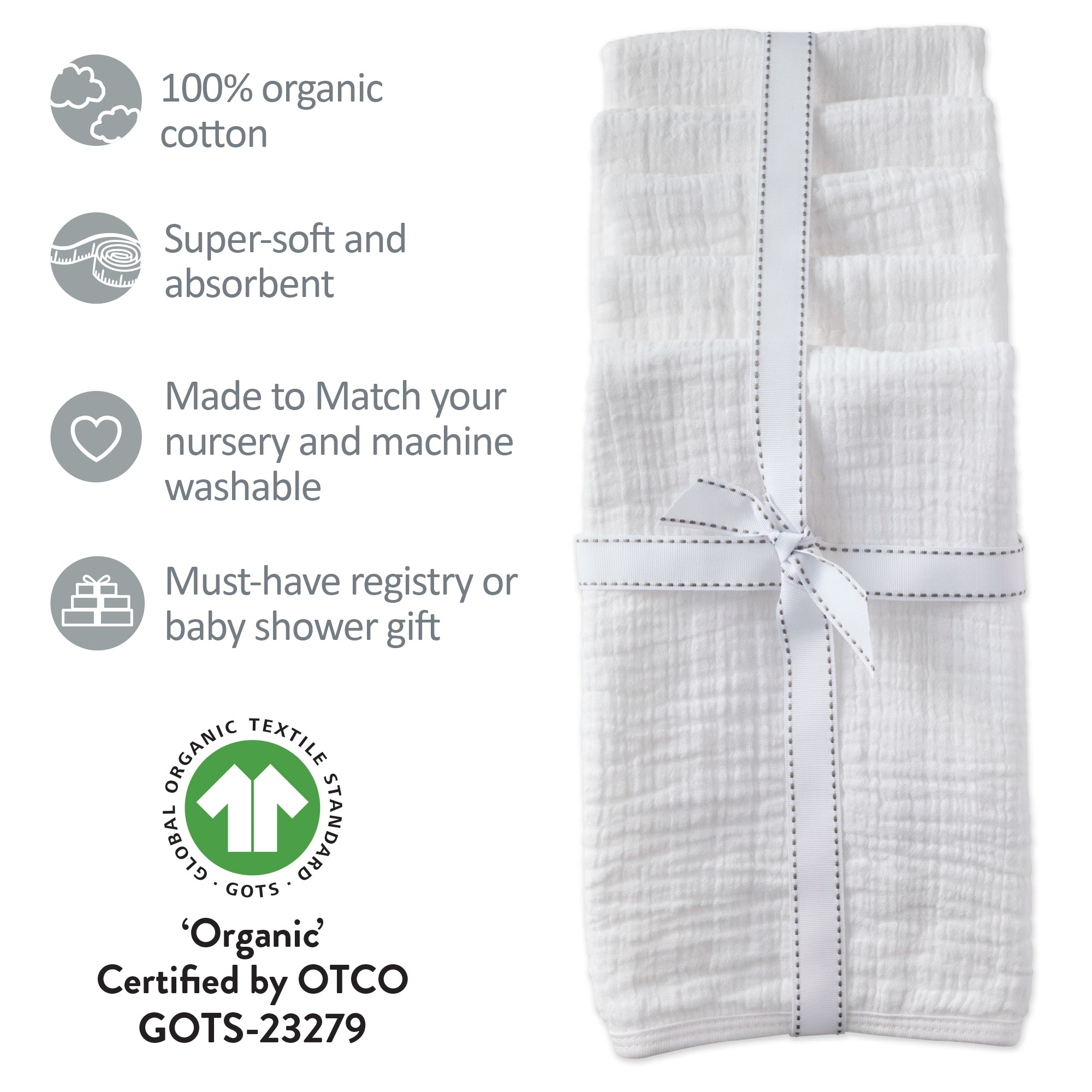 White muslin cloth with certification details on a white background