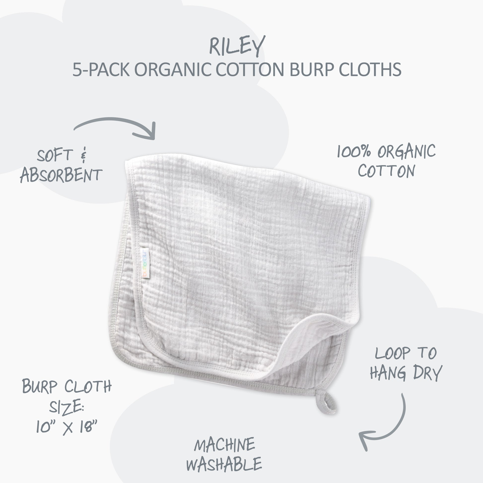 5-pack organic cotton burp cloths with features highlighted on a white background
