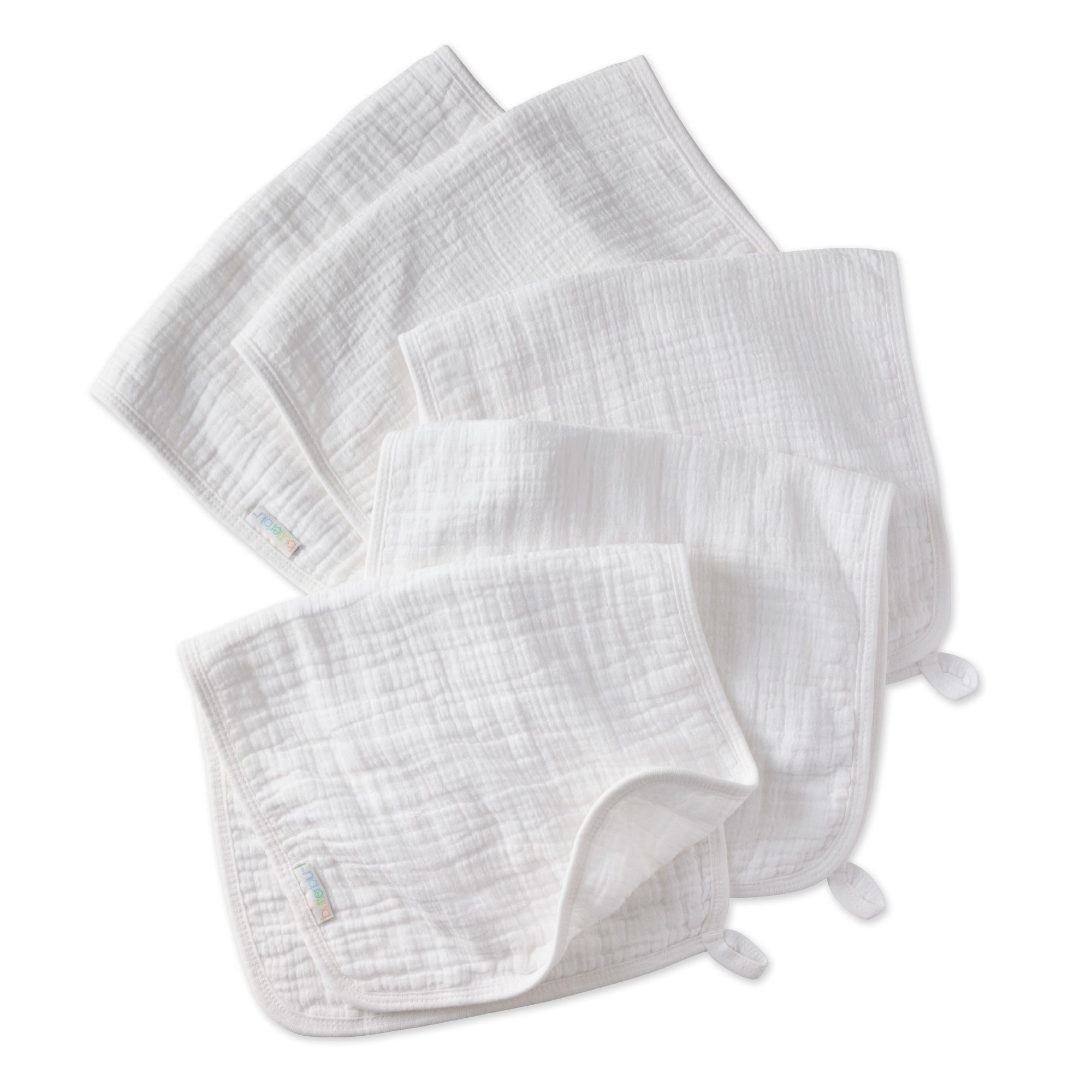 Set of white baby burp cloths on a white background