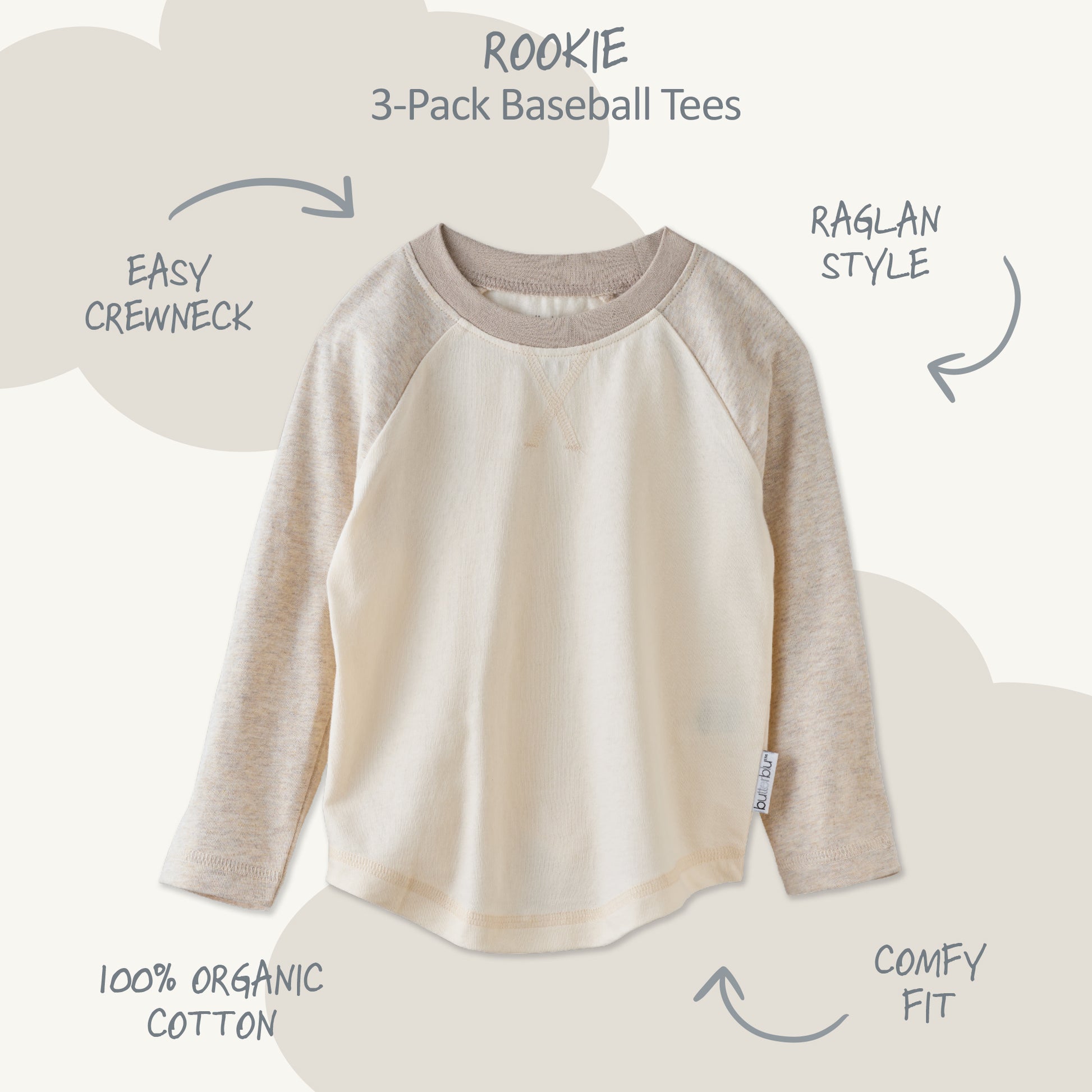 Rookie Baseball tee surrounded by product descriptions