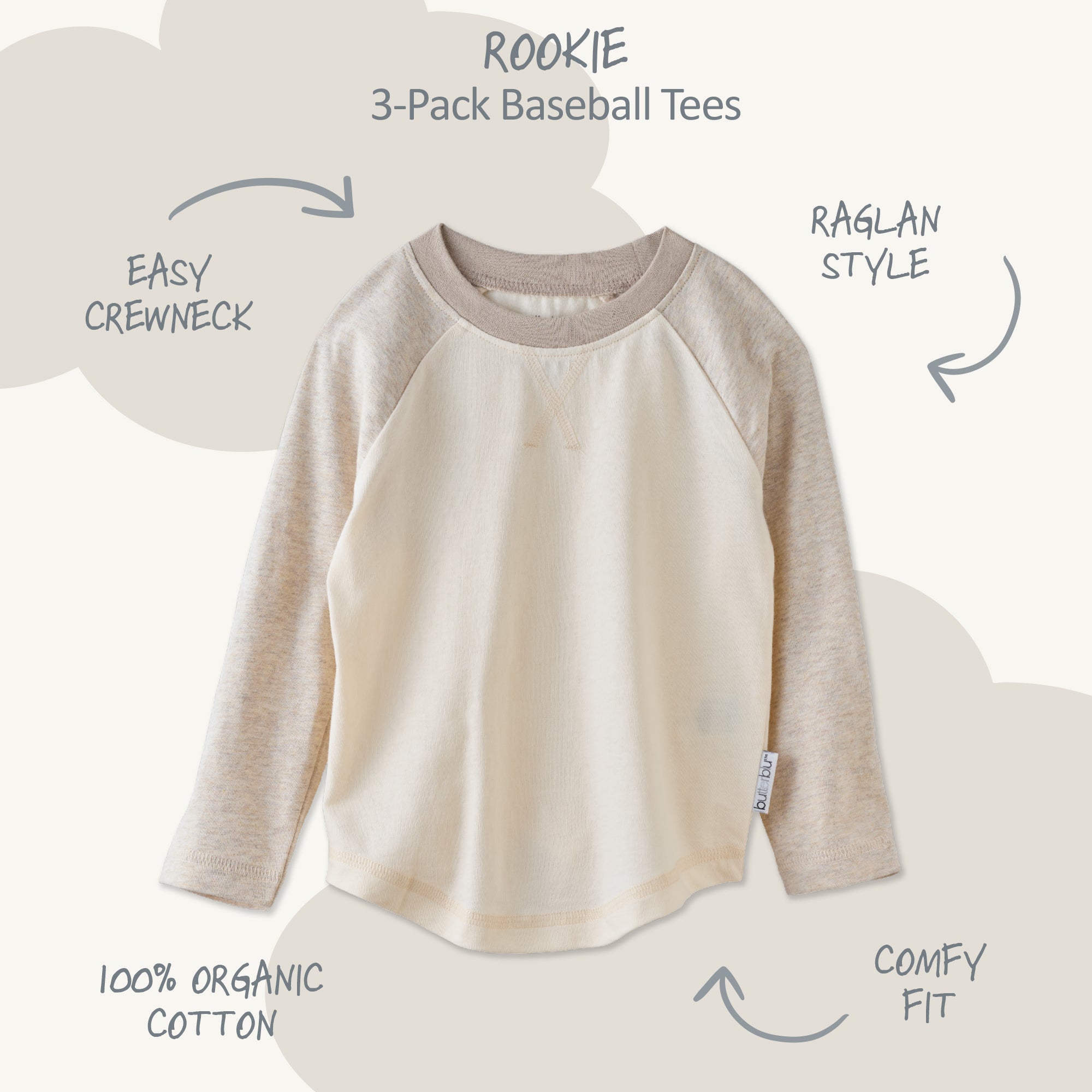 Rookie Baseball tee surrounded by product descriptions