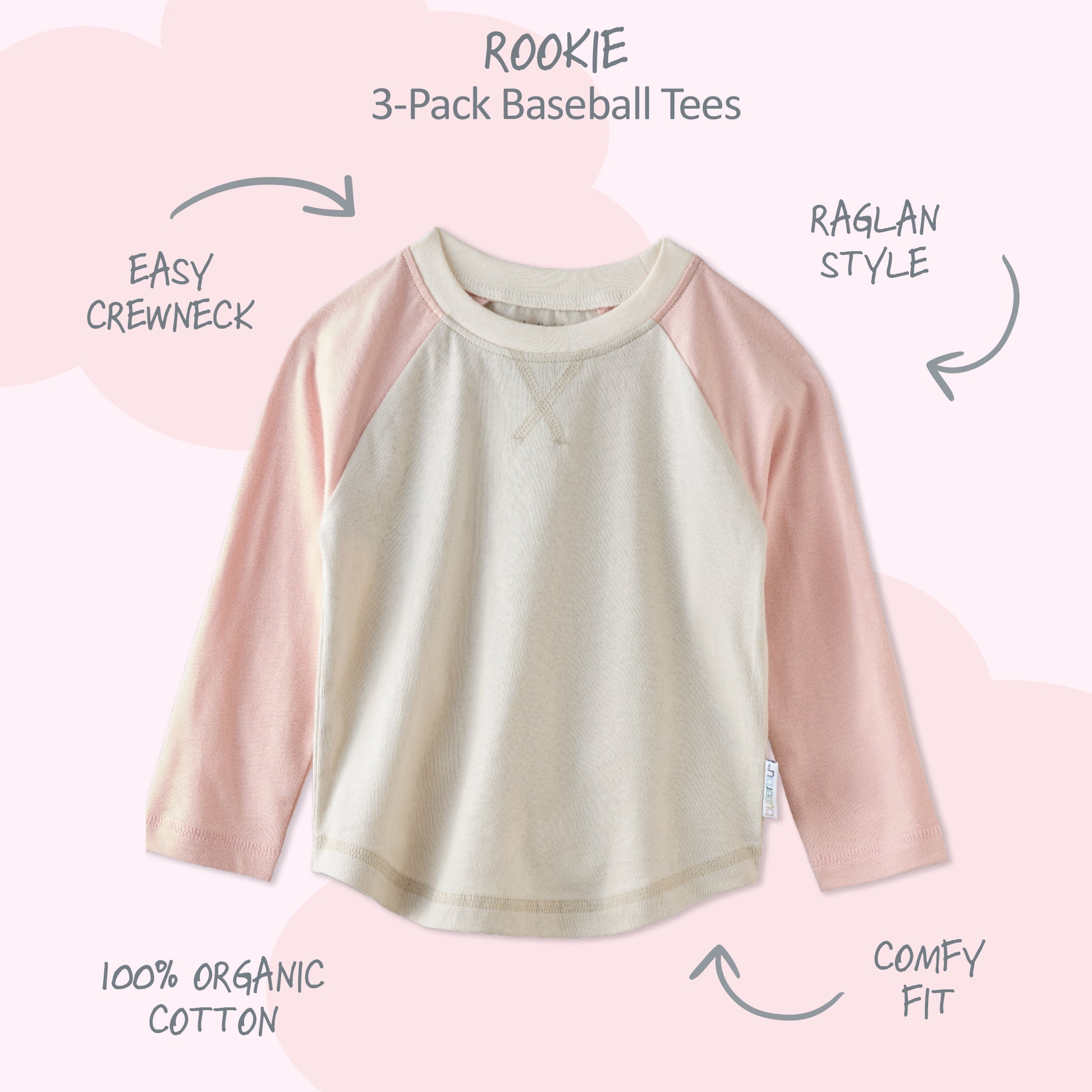 Rookie Baseball tee surrounded by product descriptions