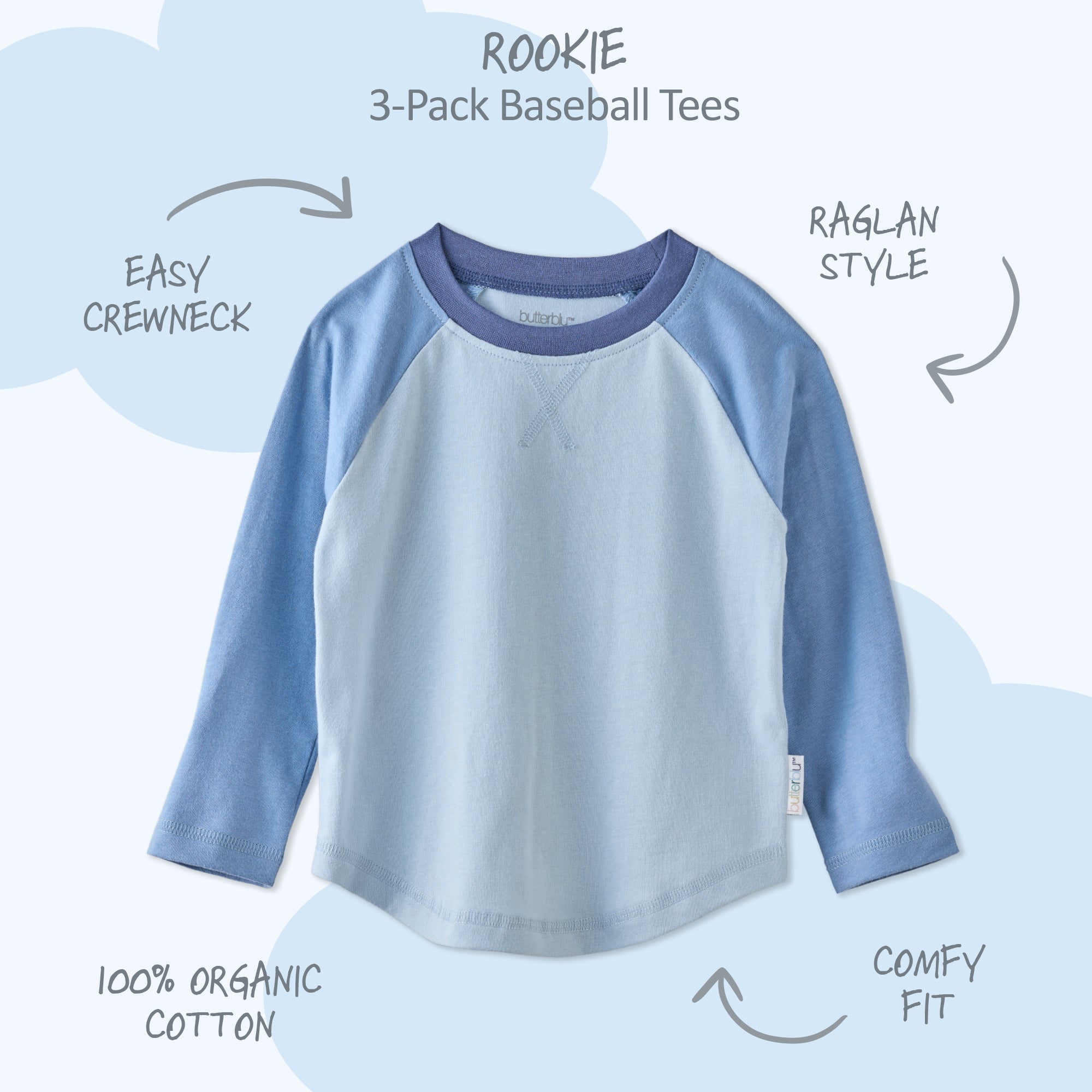 Rookie Baseball tee surrounded by product descriptions