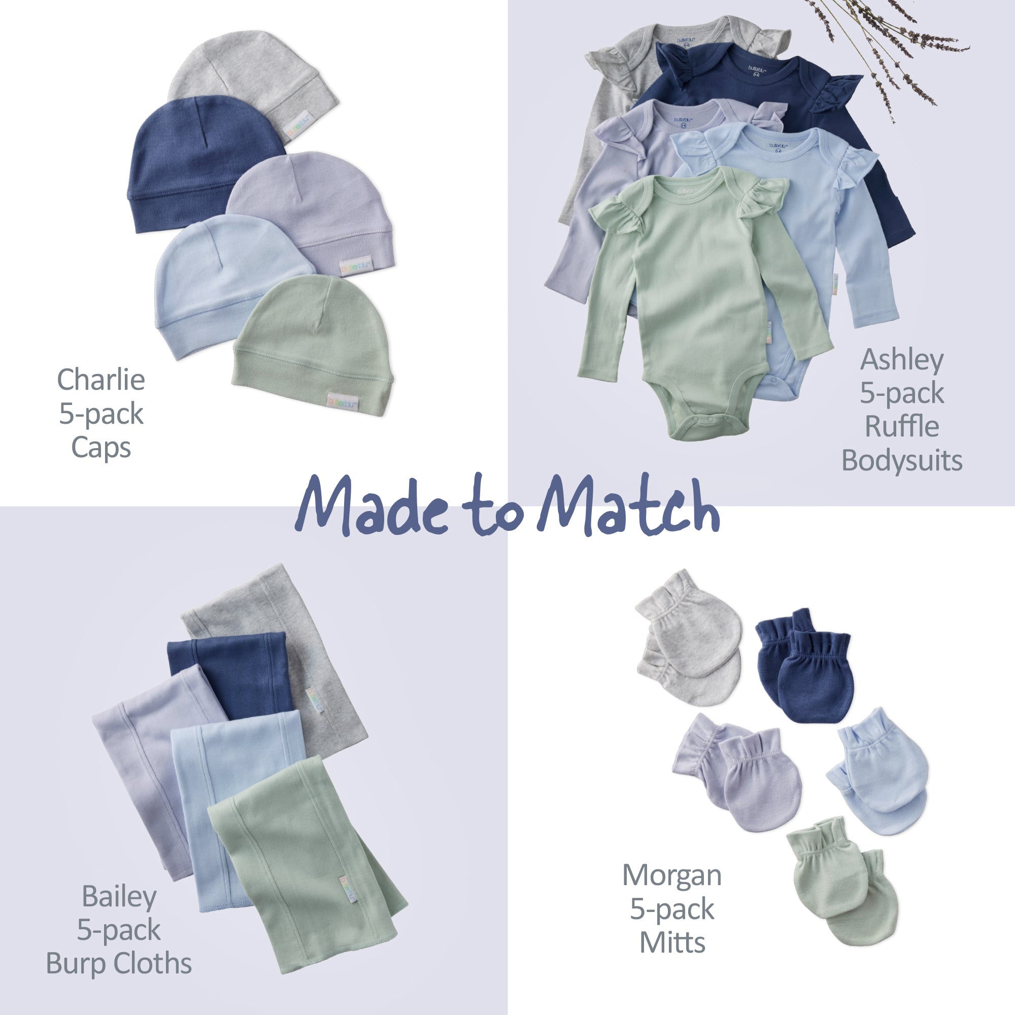 Collection of baby clothing items including caps, bodysuits, burp cloths, and mitts on a light background.