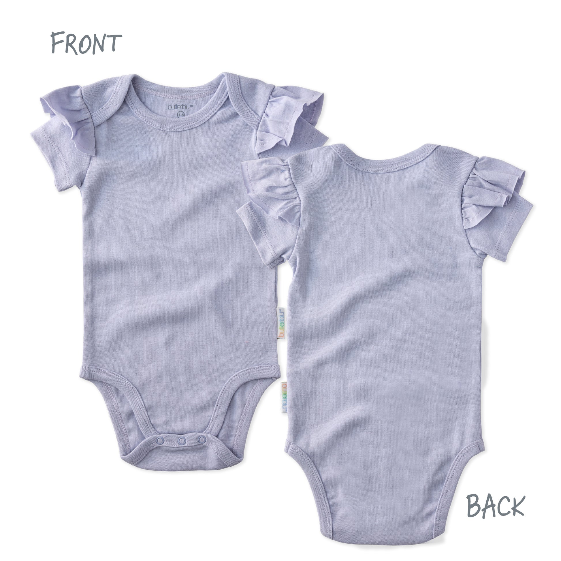 Light purple baby onesie with ruffled sleeves shown from front and back on a white background.
