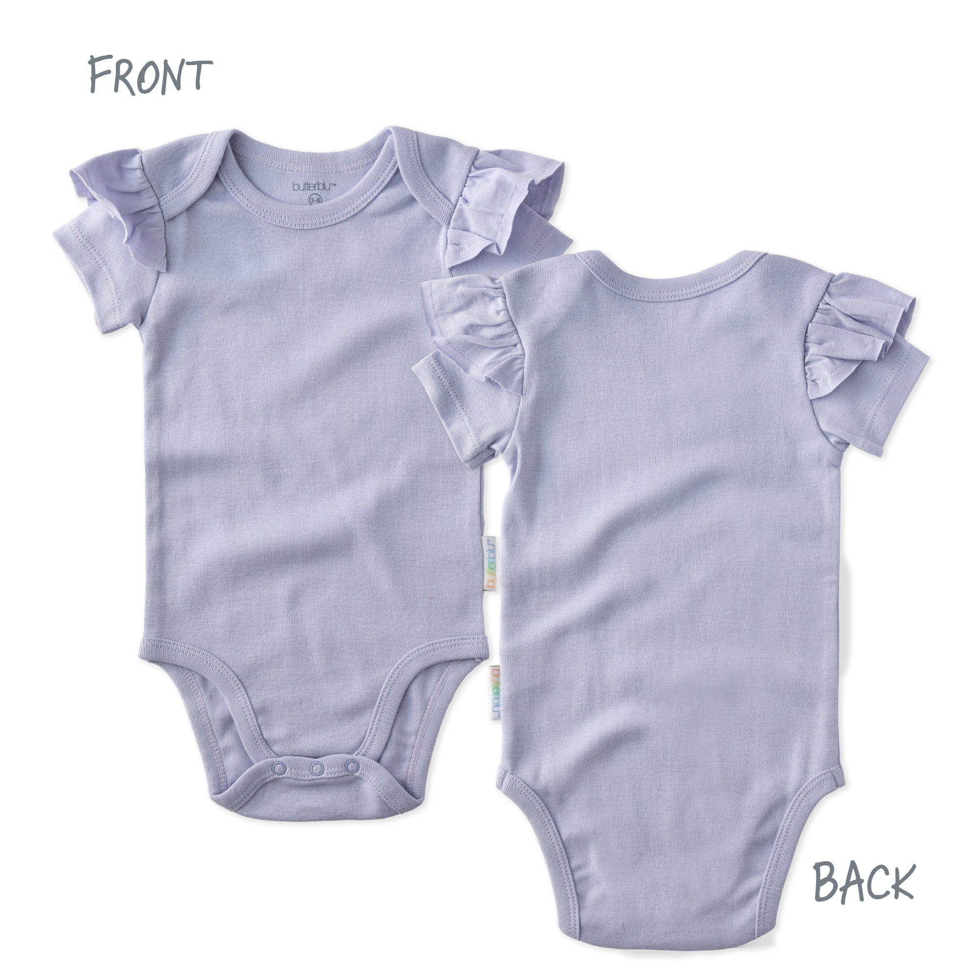 Light purple baby onesie with ruffled sleeves shown from front and back on a white background.