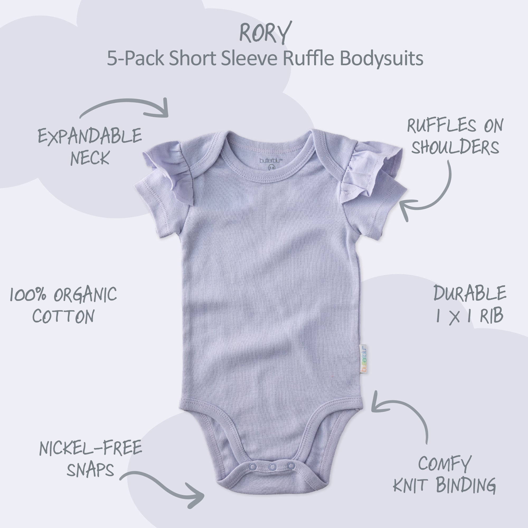 Baby bodysuit with features highlighted on a white background