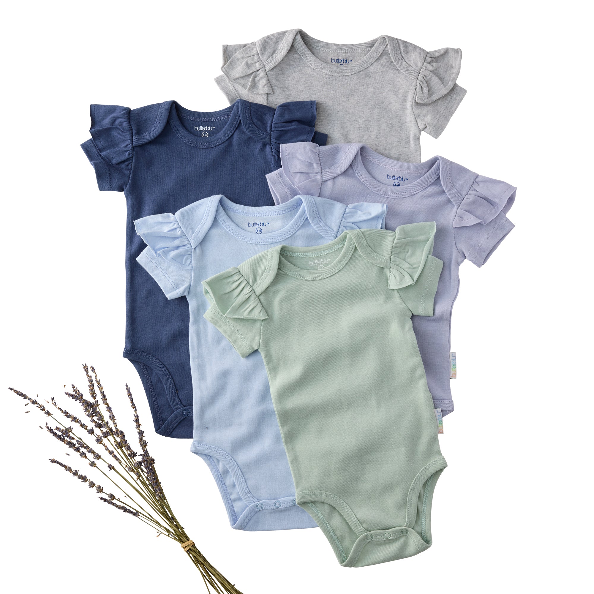 Set of five baby bodysuits in various colors on a white background