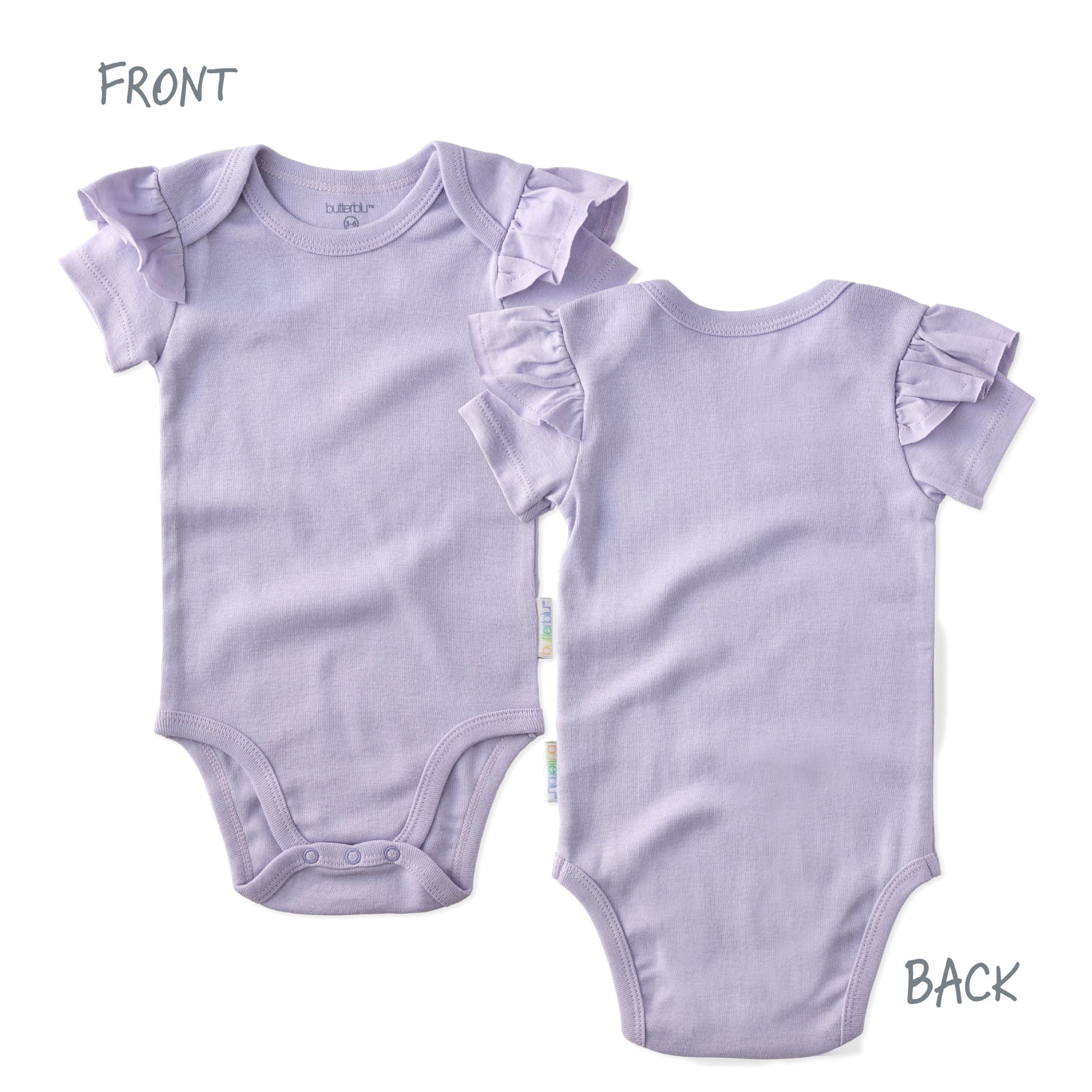 Purple baby bodysuit with ruffled sleeves shown from front and back on a white background.