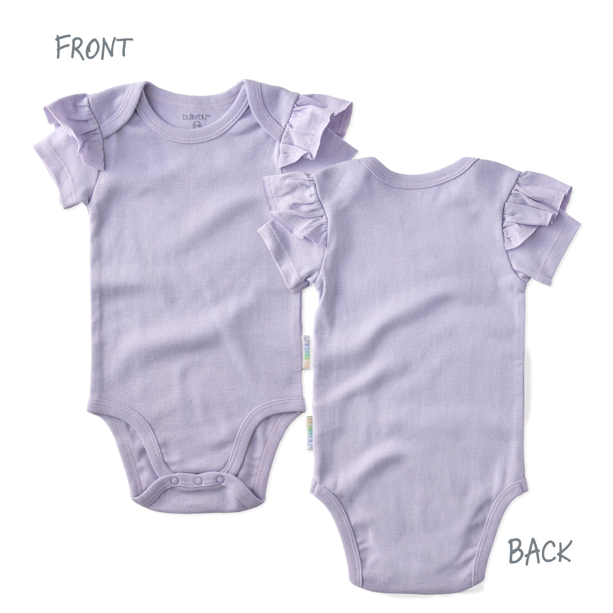 Purple baby bodysuit with ruffled sleeves shown from front and back on a white background.