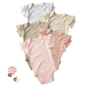 Layout of 5 short sleeve ruffle bodysuits in Pink sands on a white background with a shell detail

