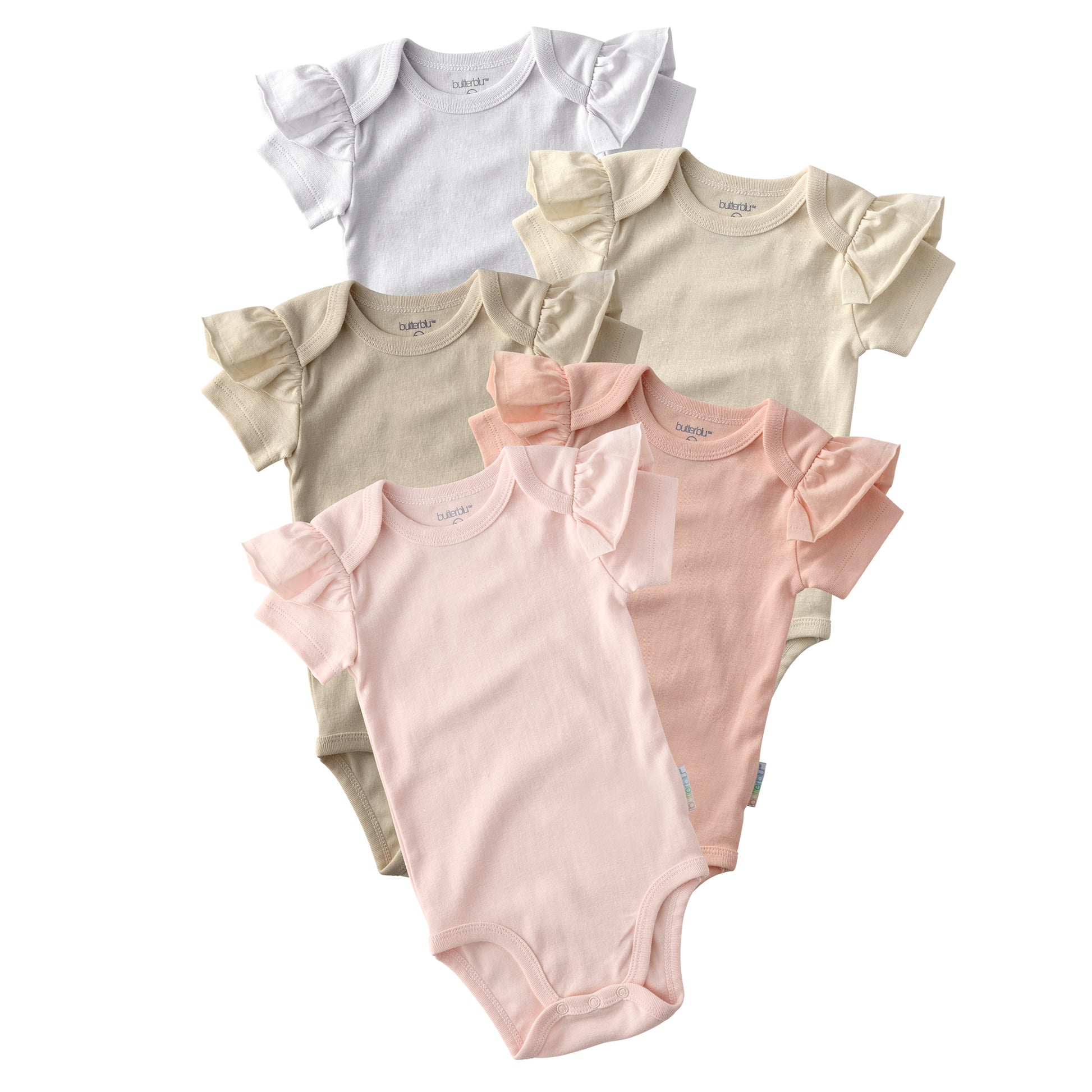 Layout of short sleeve ruffle bodysuits in Pink Sands on a white background
