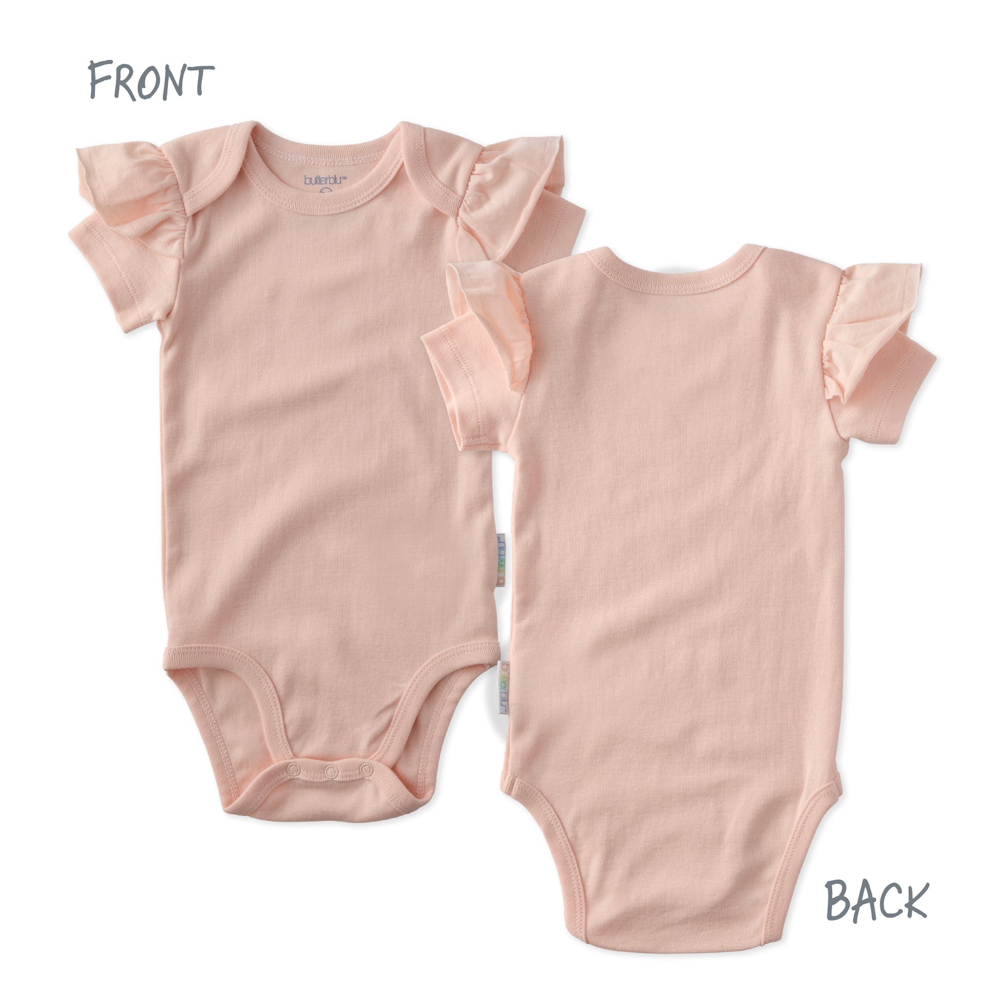 Pink baby onesie with ruffled sleeves shown from front and back on a white background