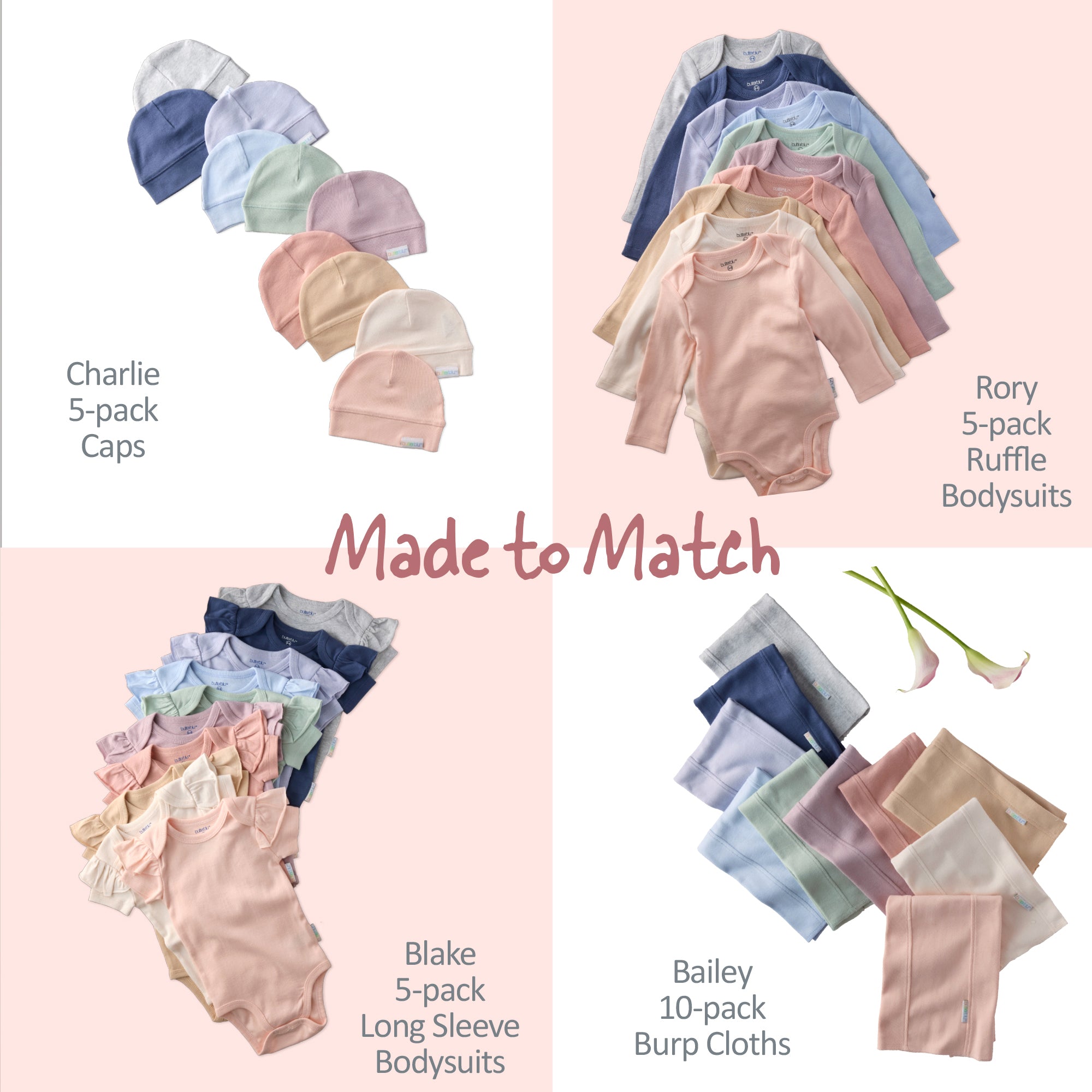 Baby clothing set with caps, bodysuits, and burp cloths on a pink background