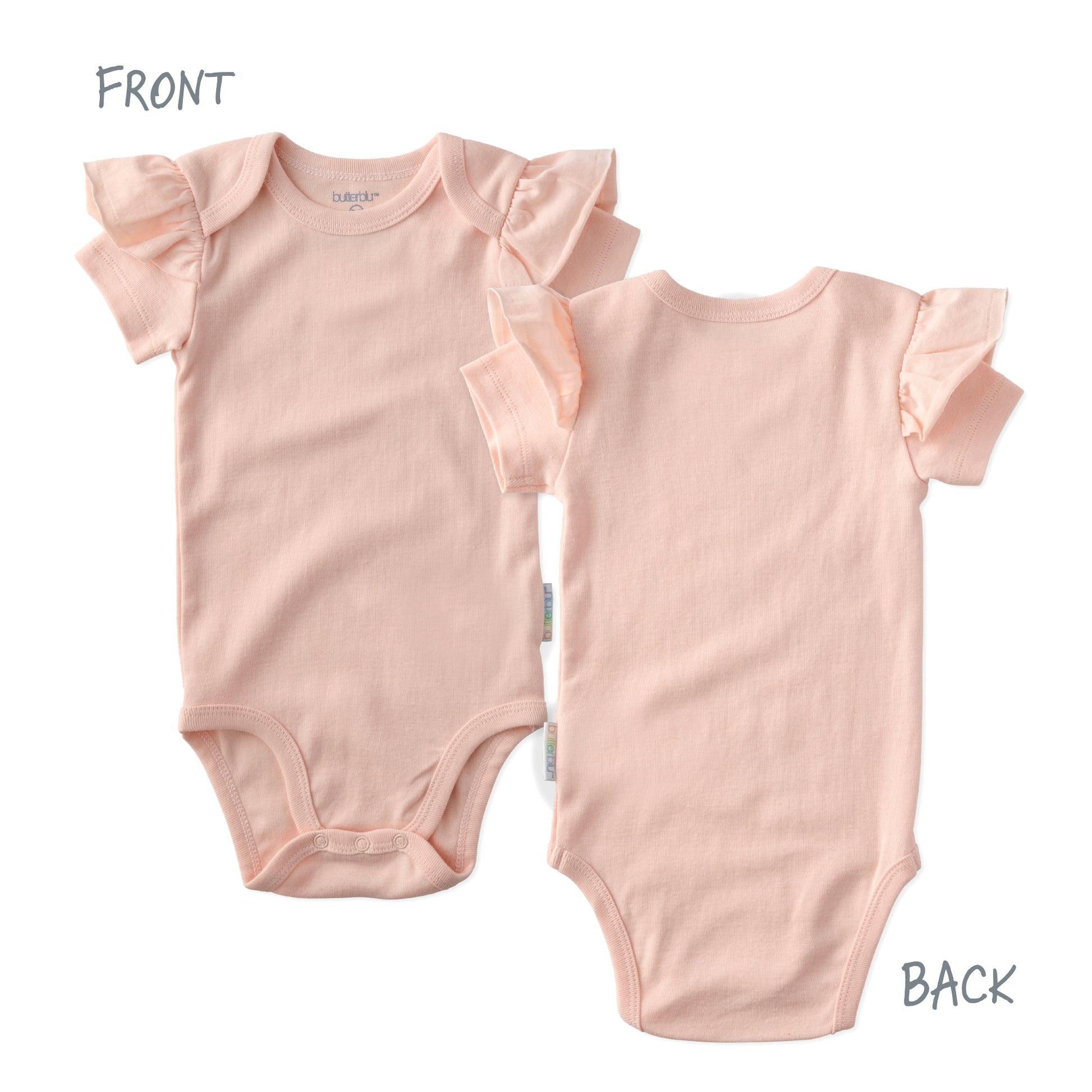 Pink baby onesie with ruffled sleeves shown from front and back on a white background