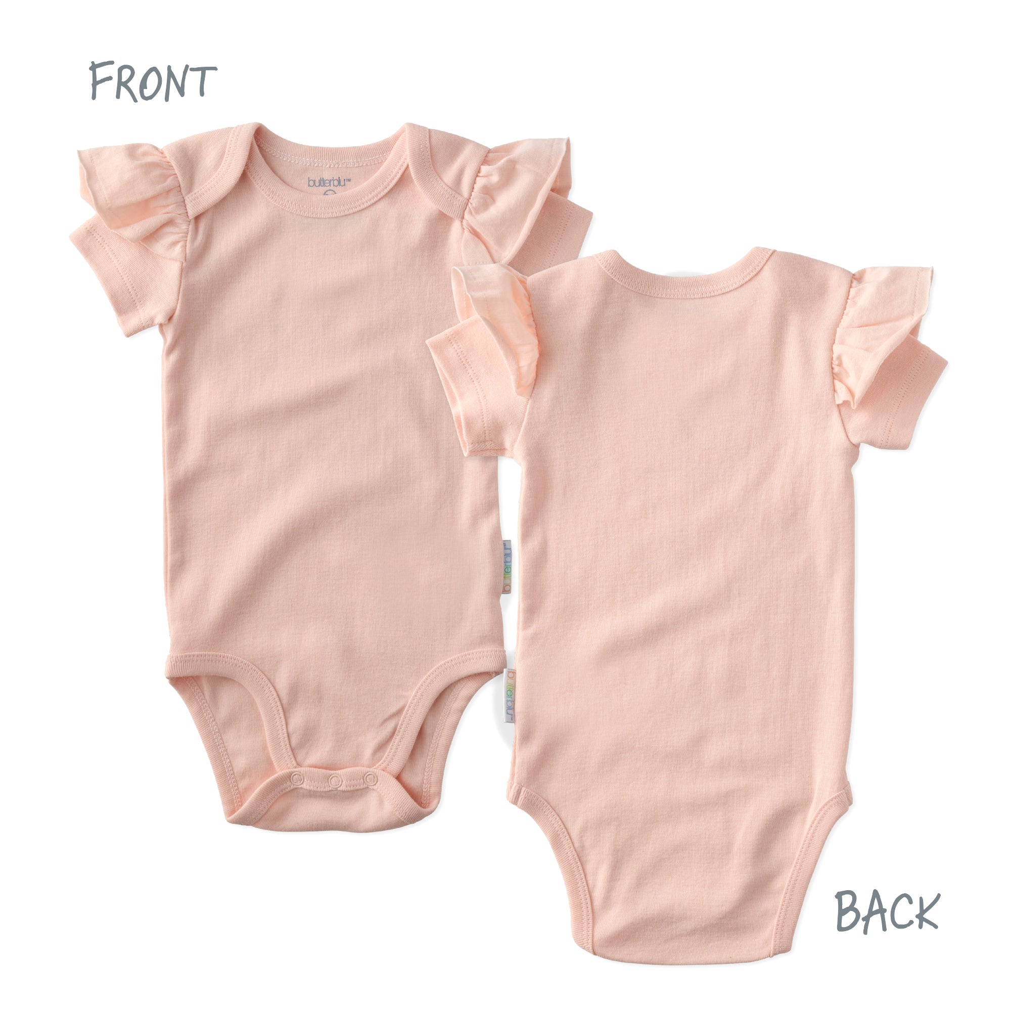 Pink baby onesie with ruffled sleeves shown from front and back on a white background