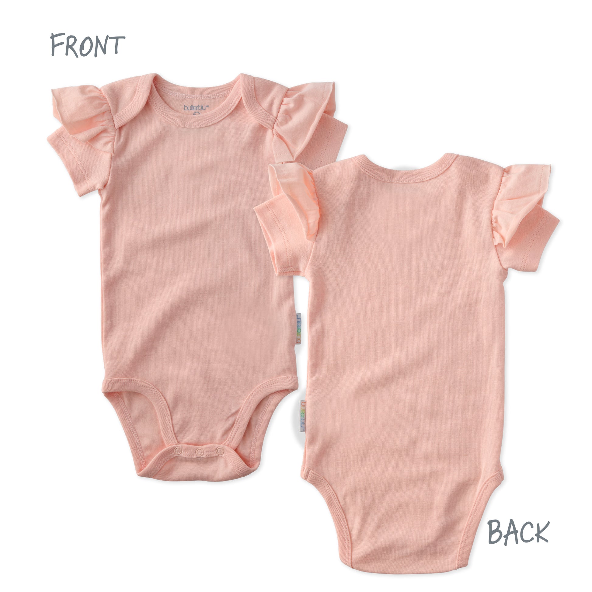 Pink baby onesie shown from front and back on a white background