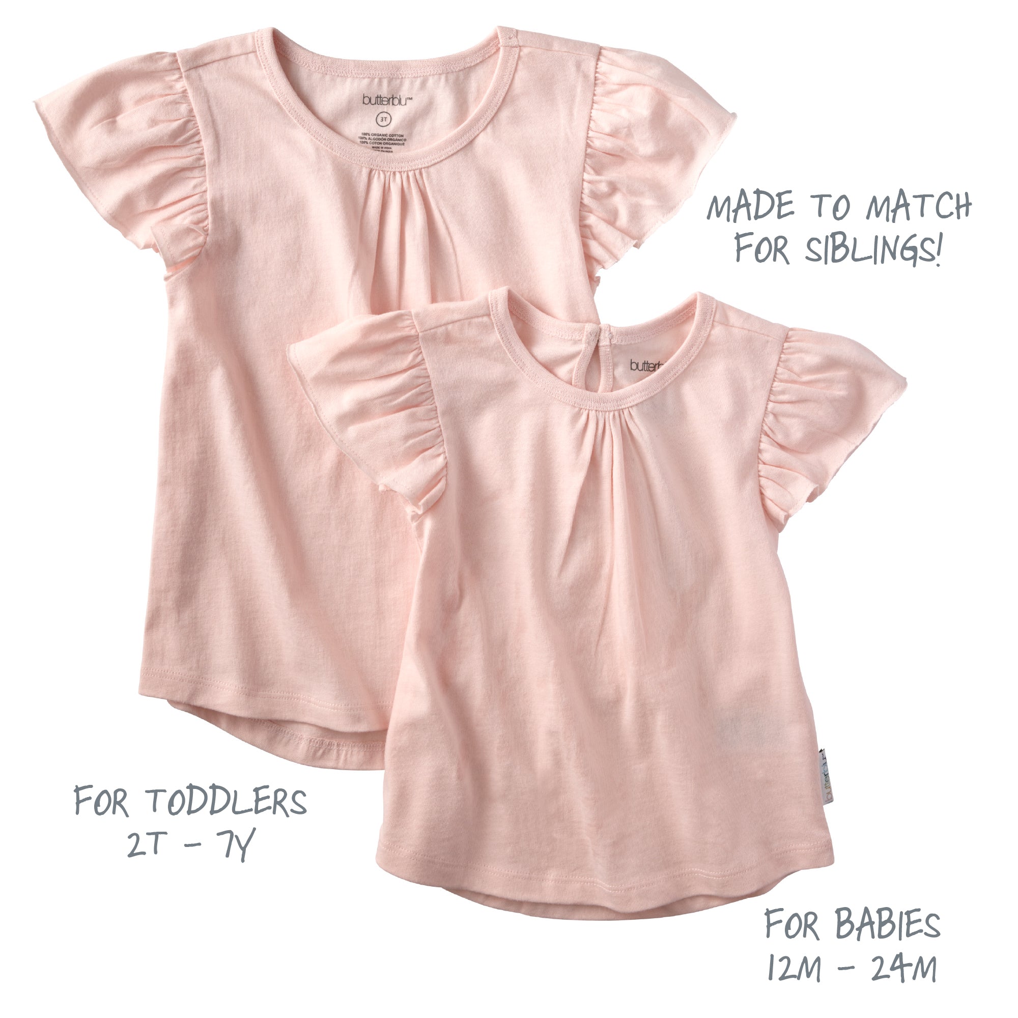 Two pink ruffled shirts for toddlers and babies on a white background