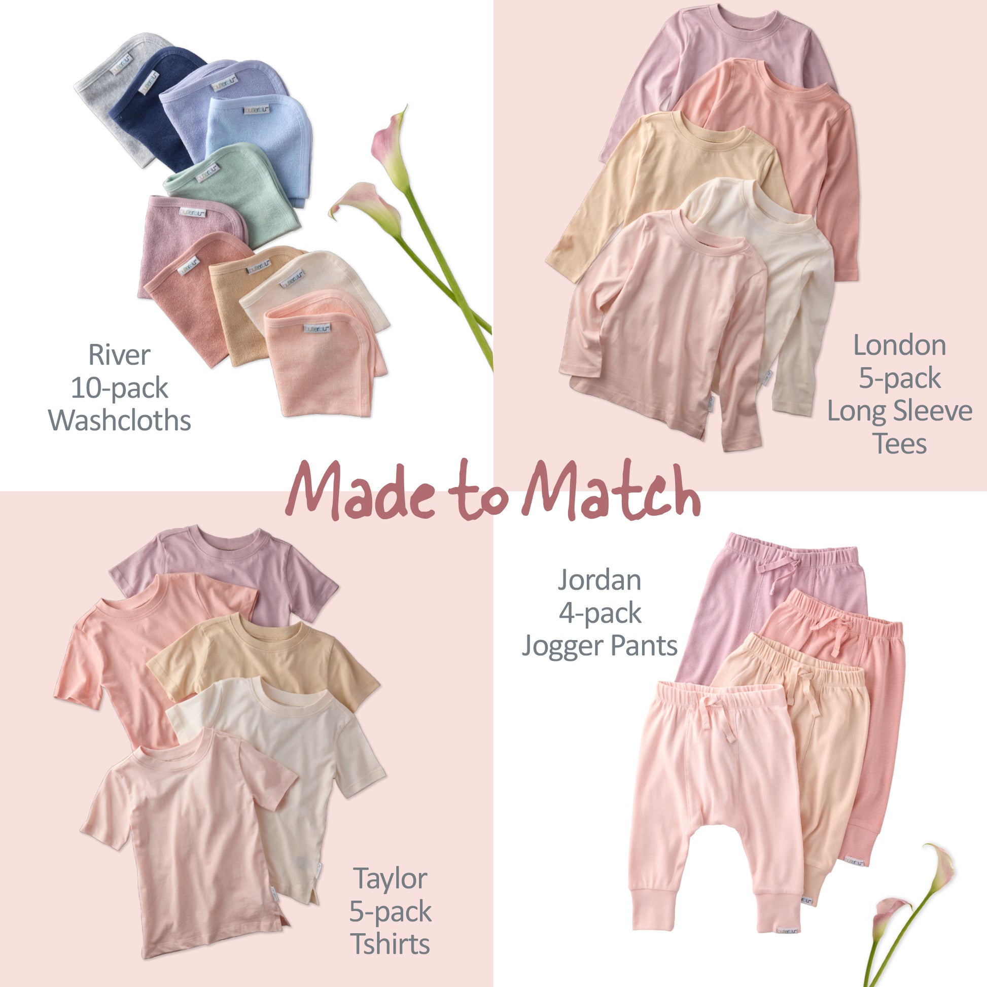 Collection of children's clothing including washcloths, tees, and jogger pants on a pink background.