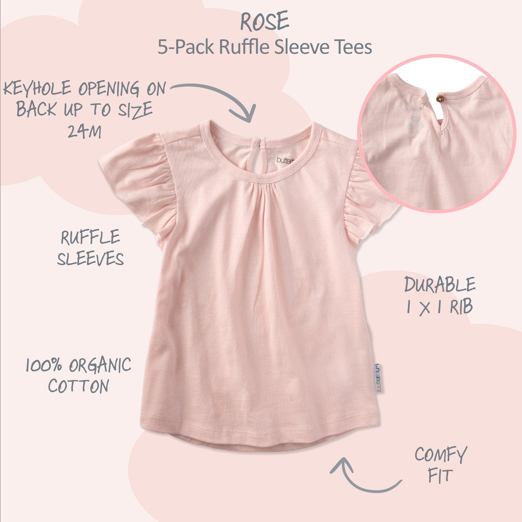 Pink ruffle sleeve tee with text detailing features on a white background