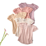 Set of four baby girl shirts in pink, beige, and white with ruffled sleeves on a white background.