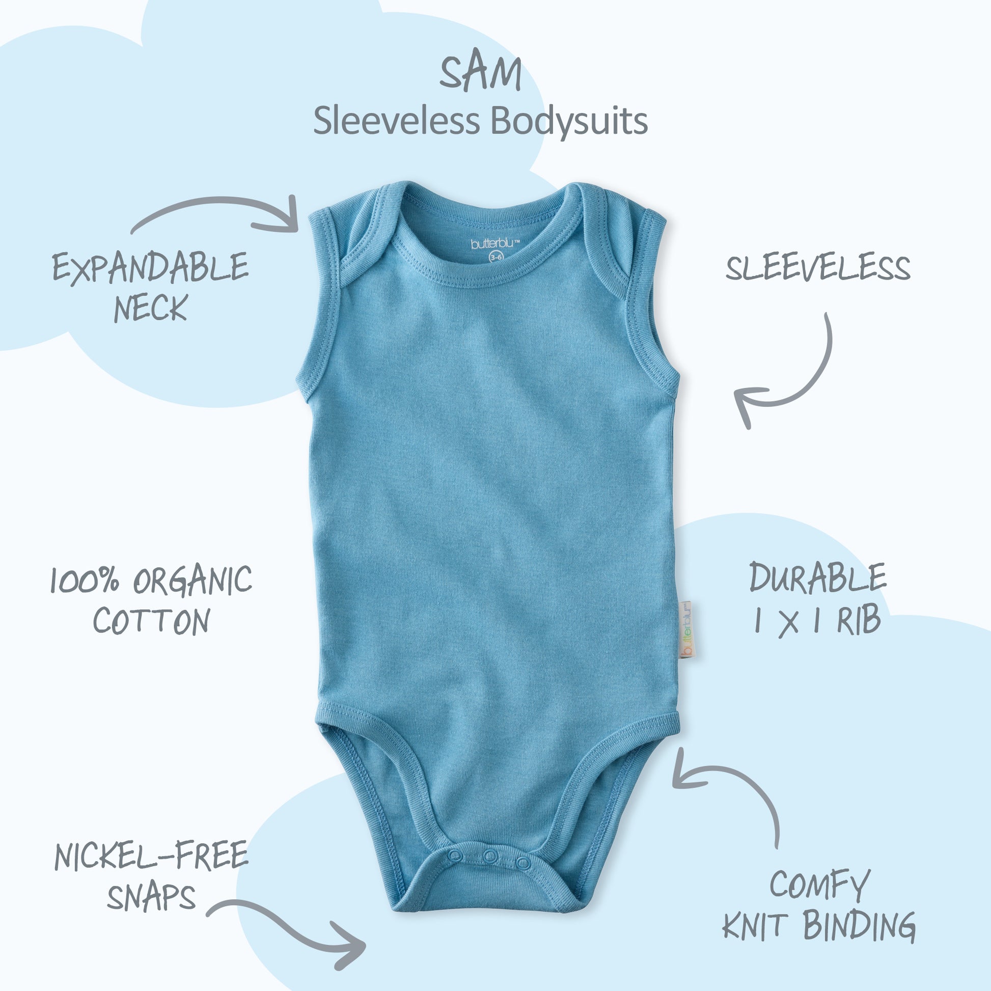 Sam sleeveless bodysuit with product descriptions surrounding it and Sam title at the top