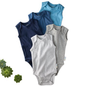 Layout of 5 sleeveless bodysuits in Blue on a white background with some cactus details