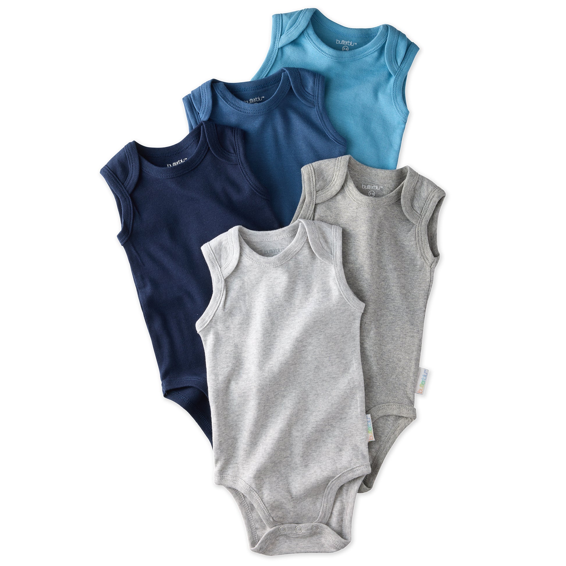 Layout of sleeveless bodysuits in Blue on a white background