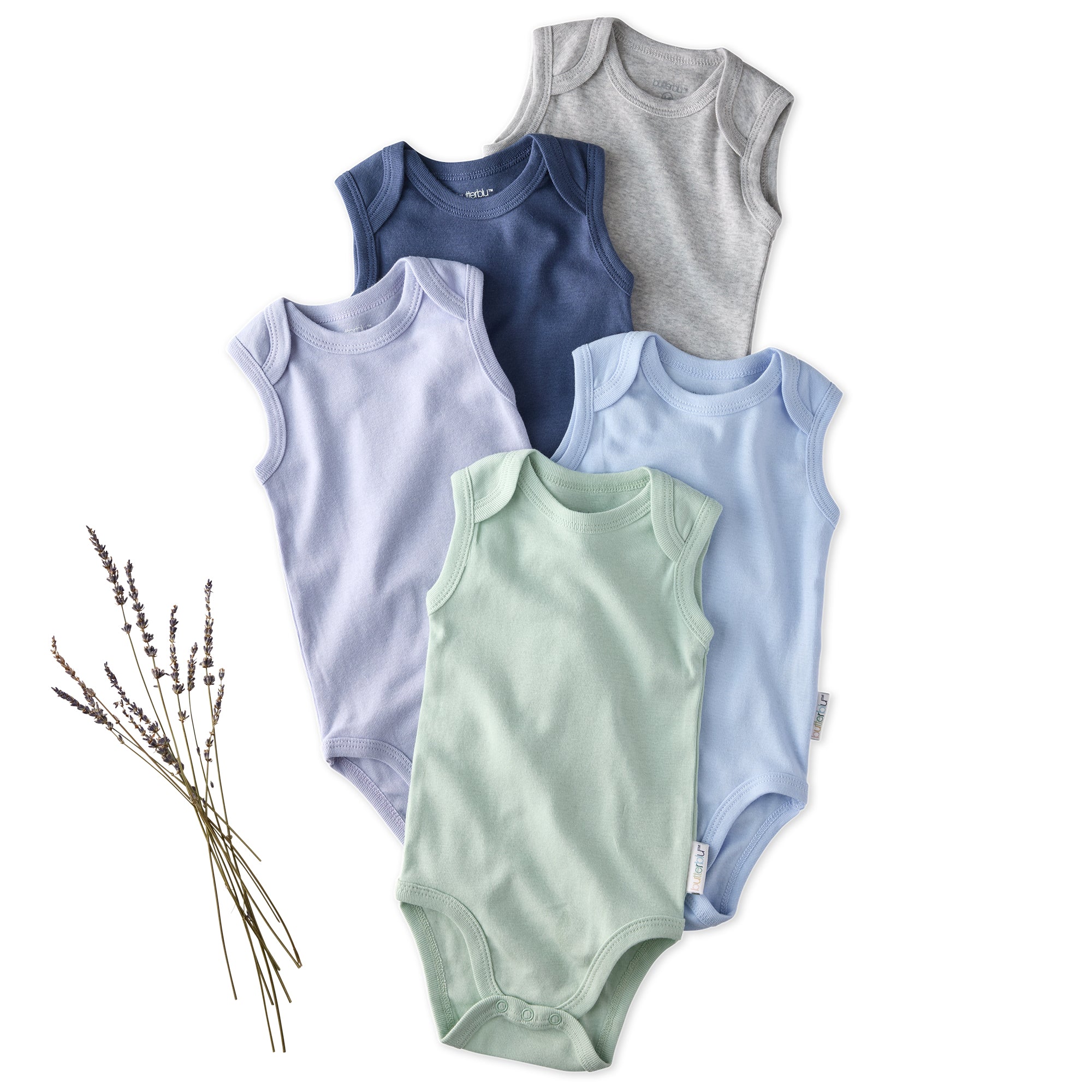 Layout of 5 sleeveless bodysuits in Frost on a white background with some lavendar details
