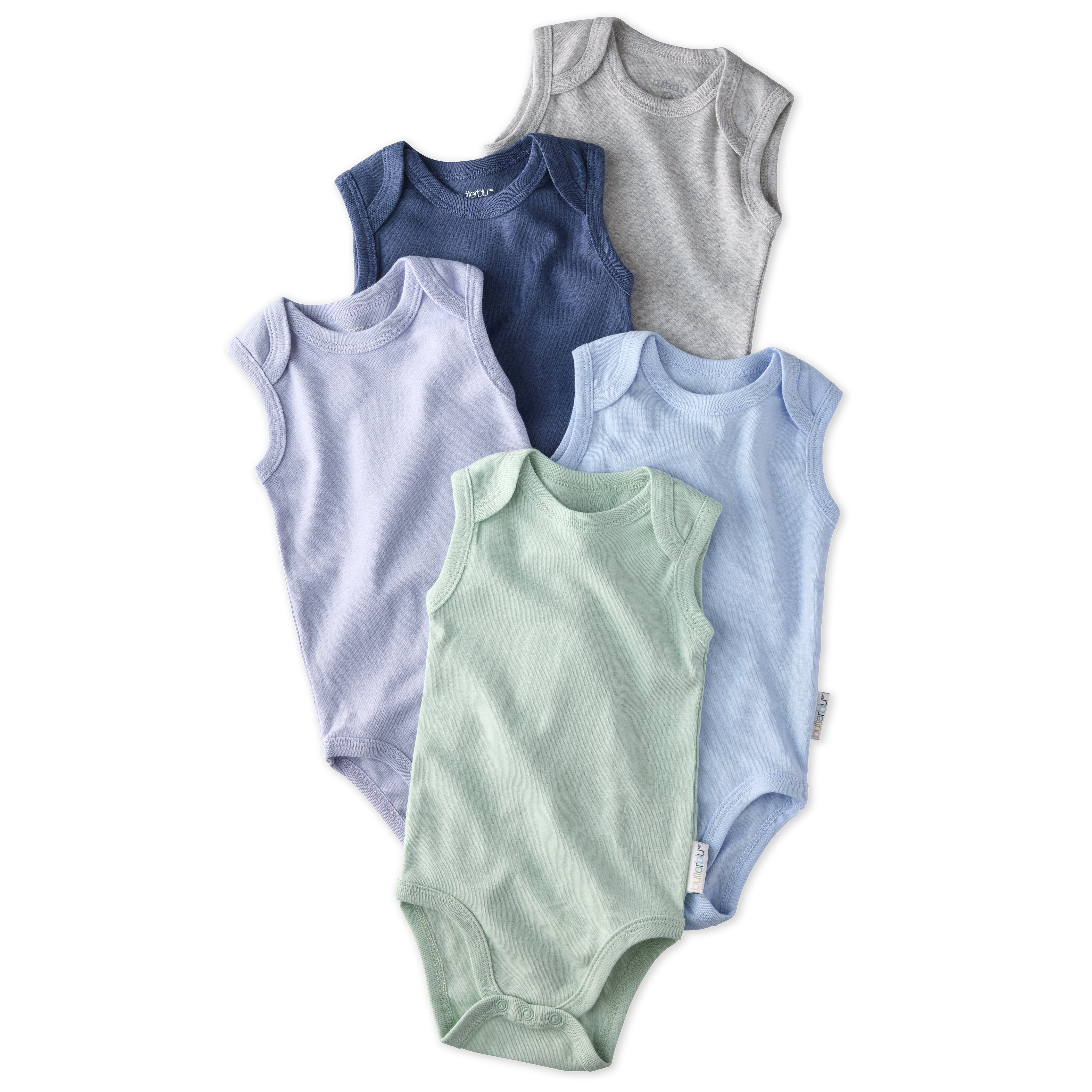 Layout of sleeveless bodysuits in Blue on a white background
