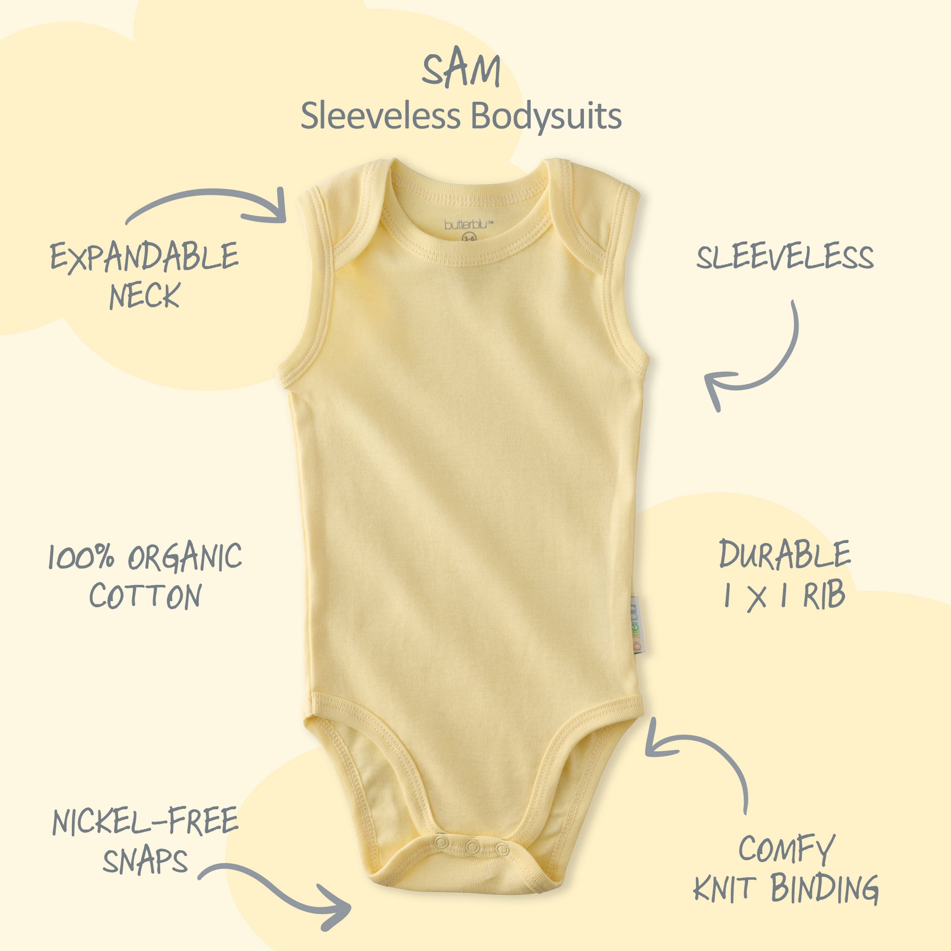 Sam sleeveless bodysuit with product descriptions surrounding it and Sam title at the top

