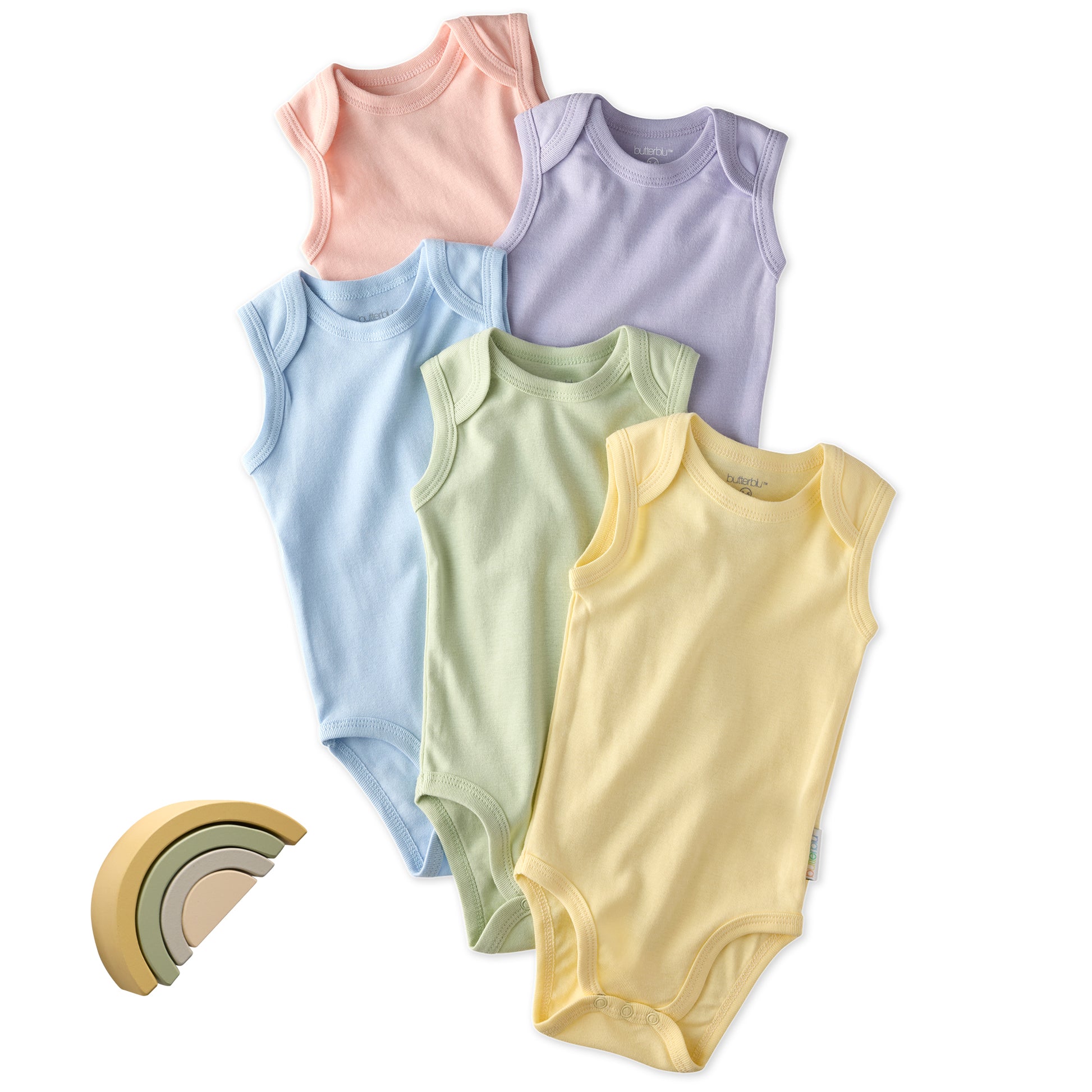 Layout of 5 sleeveless bodysuits in Haze on a white background with some rainbow details
