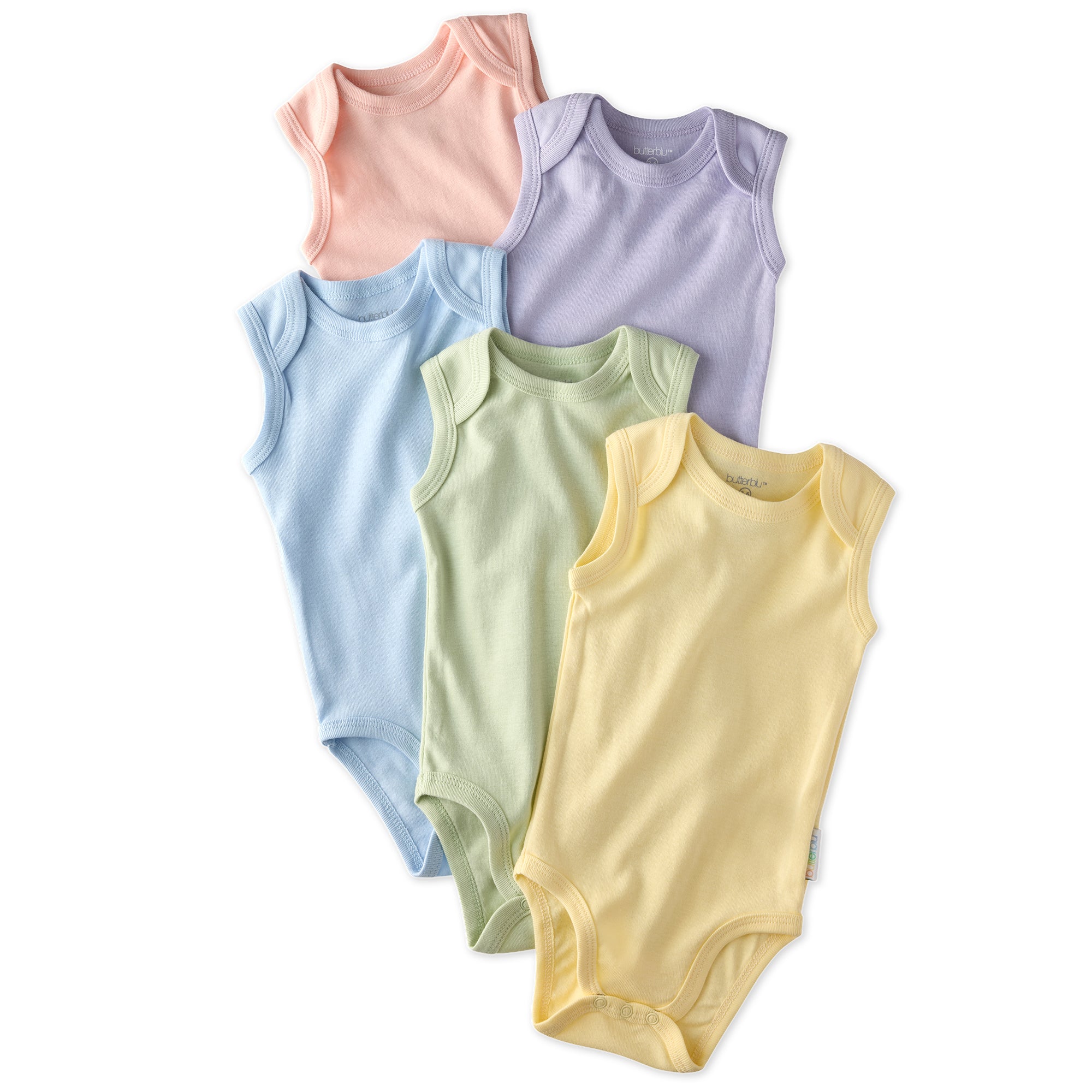 Layout of sleeveless bodysuits in Haze on a white background

