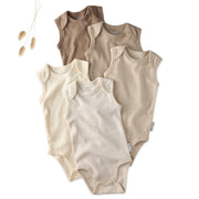 Layout of 5 sleeveless bodysuits in Natural on a white background with some plant details
